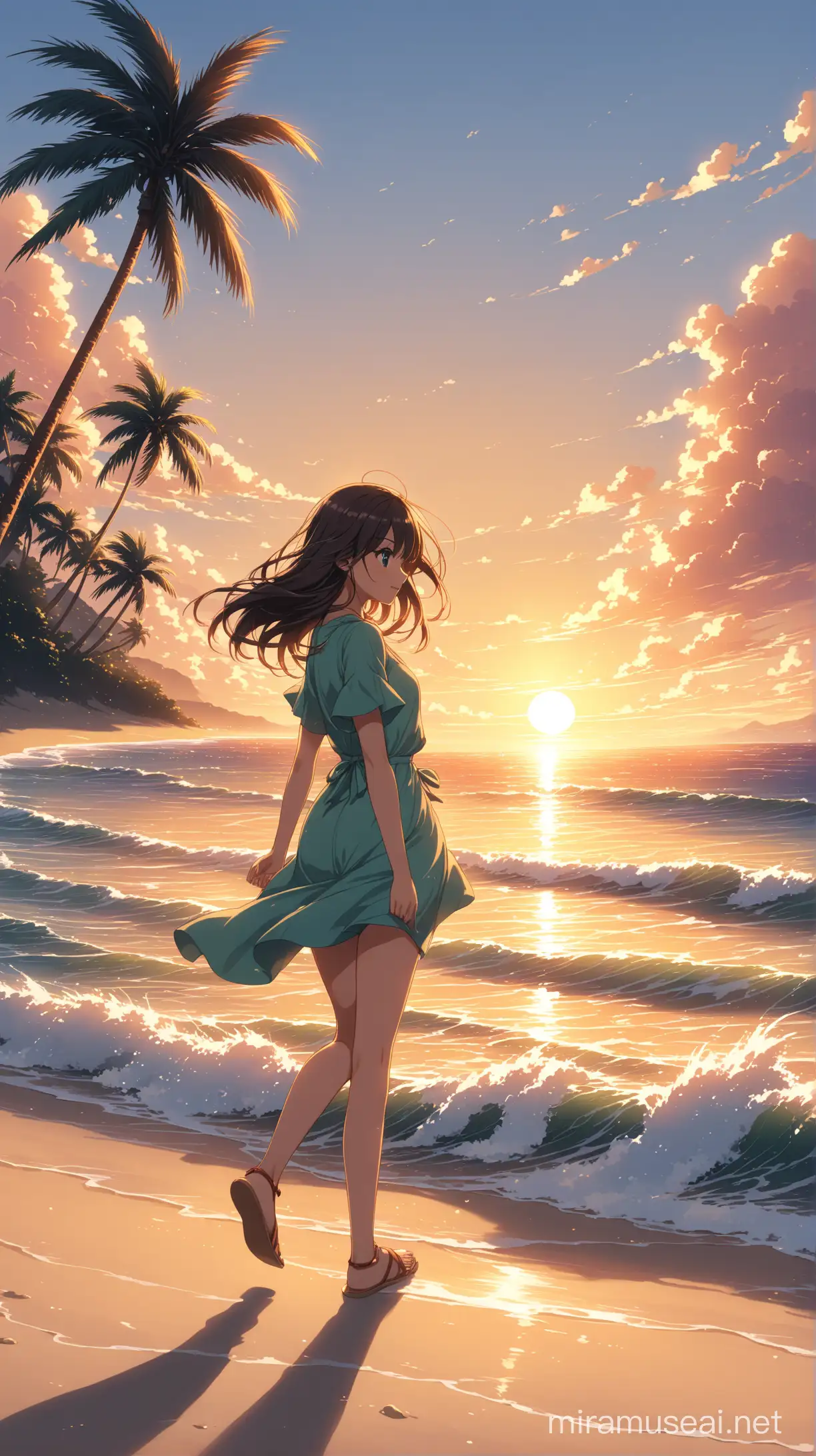 Tranquil Anime Girl Walking on Sunset Beach with Palm Trees