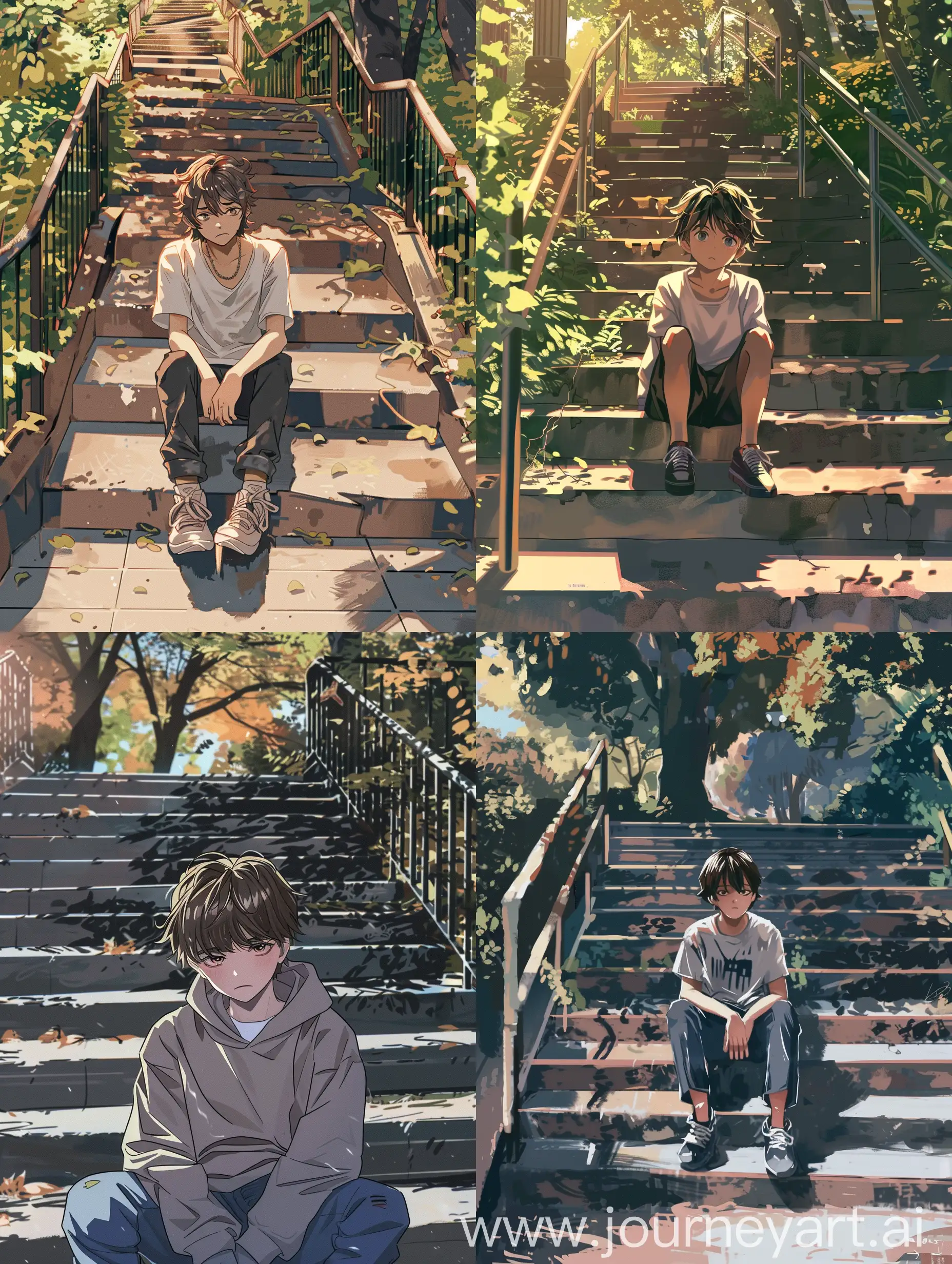 Anime style,shojo style, a 15 year old boy sitting near on stairs of a park,he has a bored expression, copy the anime style--https://images.app.goo.gl/8VrnXvt94up3XTcT8---  
