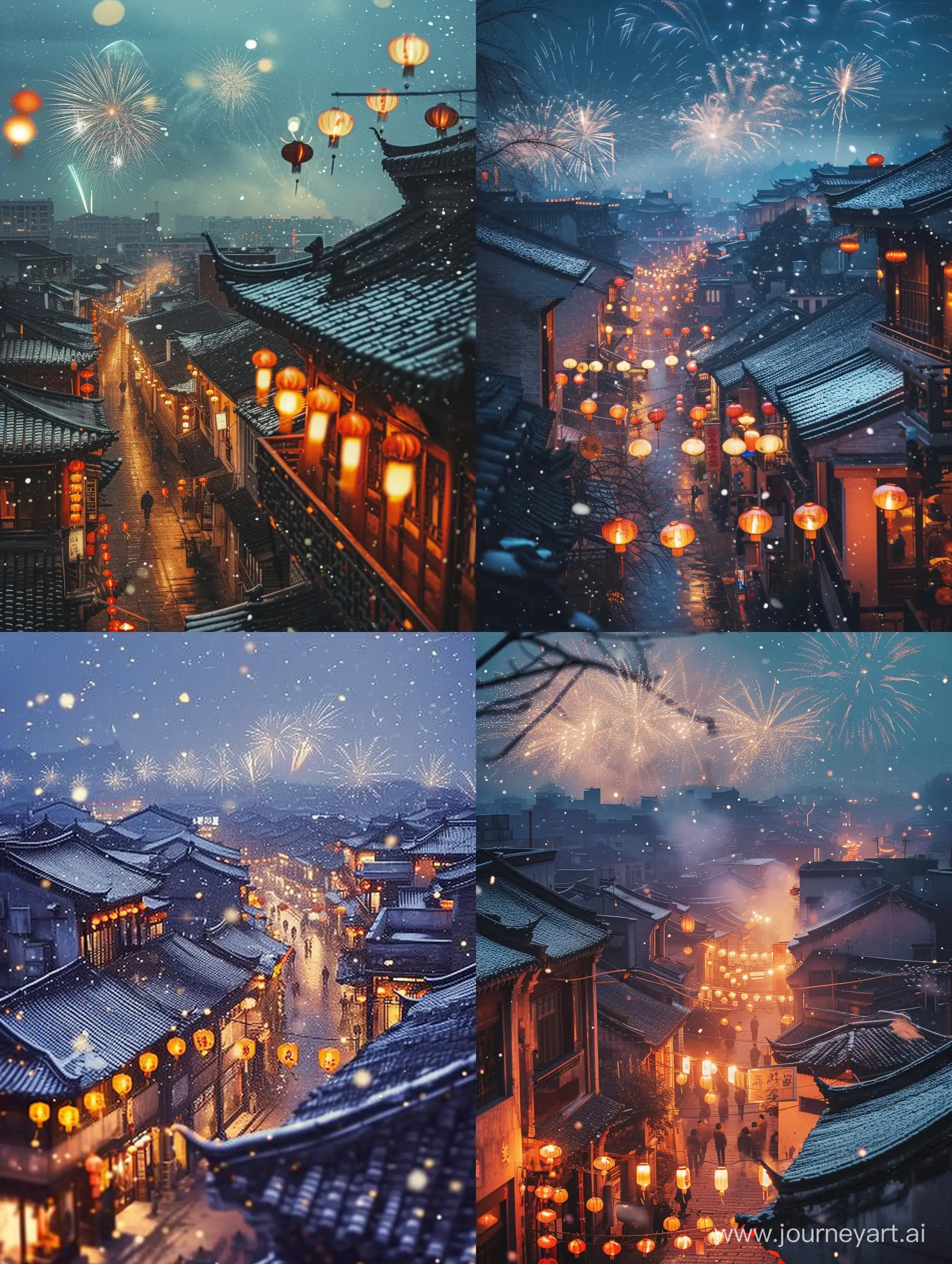 Vibrant-Chinese-New-Year-Celebration-Nighttime-Lanterns-SnowDusted-Rooftops-and-Spectacular-Fireworks