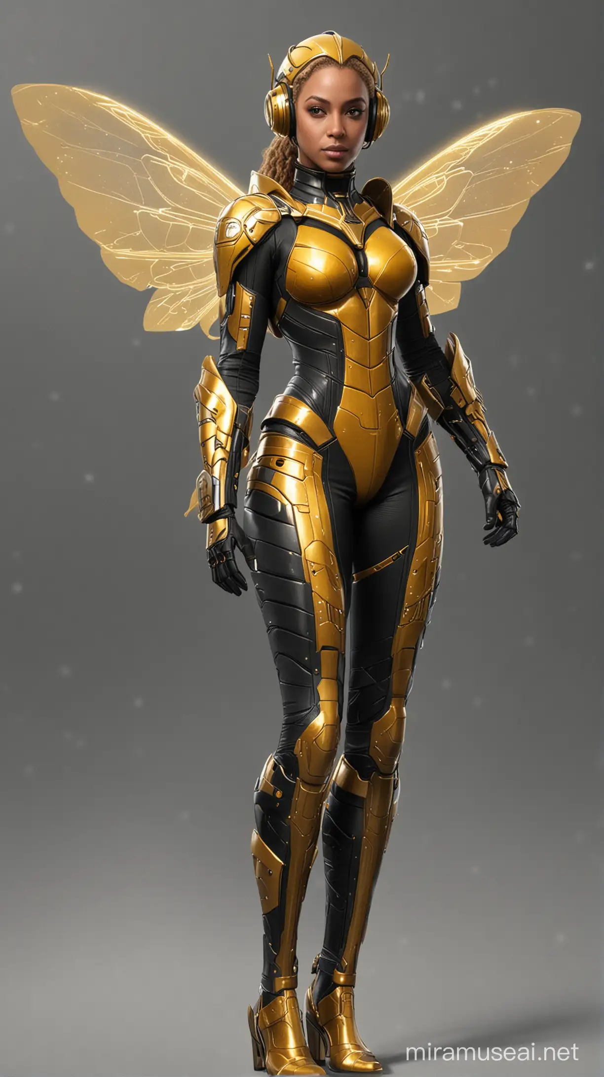 Queen Bee DC Comics, Beyonce as Queen Bee,Comic accurate, 8K, highly detailed, realistic, no wings, futuristic cybernetic costume, high tech costume, New 52 Queen Bee, she should not have wings, matching futuristic helmet with transparent gold visor with hexagonal pattern, matching boots,  no antennae, without wings, full body image, make sure that her anatomy is drawn correctly, show her boots, futuristic looking armor without wings, boots should be wedges