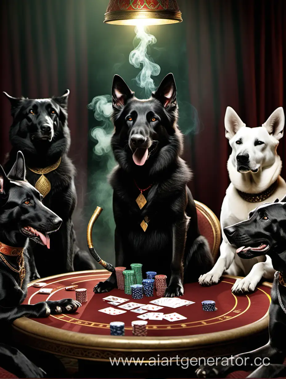 Черная овчарка курит кальян, вокруг сидят другие собаки и играют в покер и блэк джек
