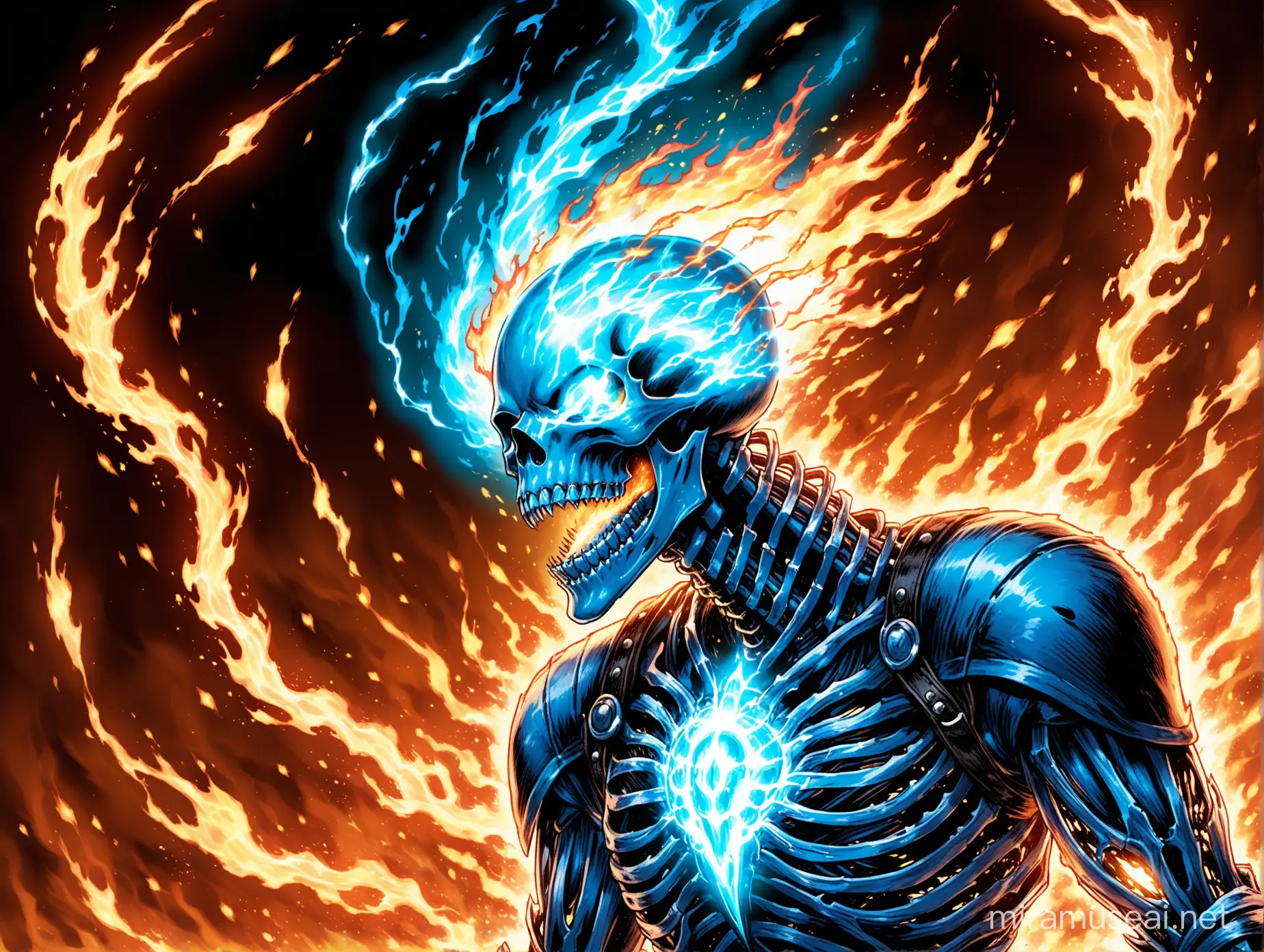 Ghost rider blue fire, CyberSkeleton only the Head Looking up, Jaw Wide Open Screaming, Blue and Rose Electricity flowing and bursting, Phasing Between human form and Cyberskeleton