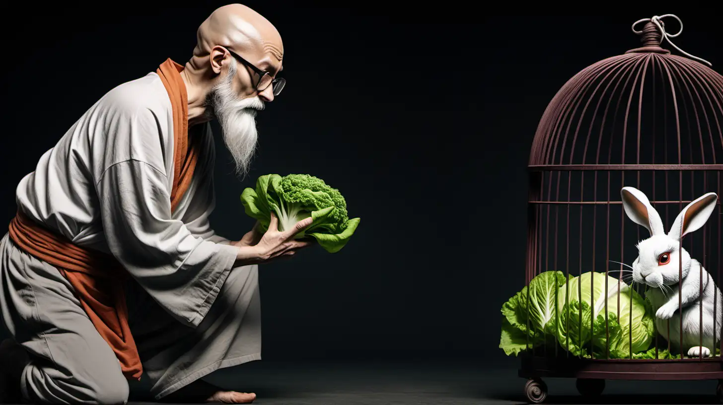 A side view of a bearded zen master with glasses offering a head of lettuce in his hand to a  miserable rabbit trapped in a cage
 The rabbit is wearing saggy pants and an oversized t-shirt