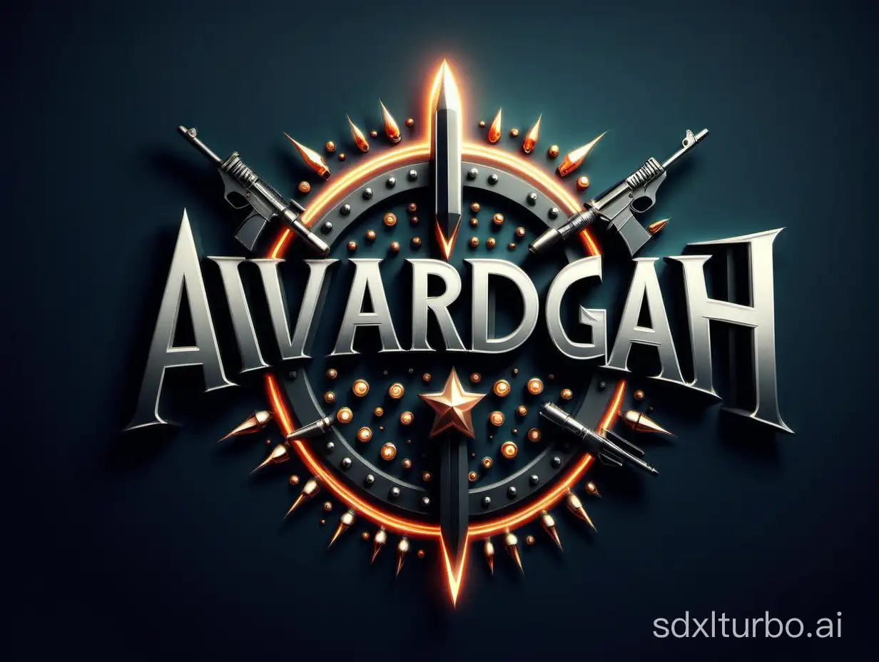create text logo from "AVARDGAH" with sharp edges and bullets decoration, front view, clean, lights, simple