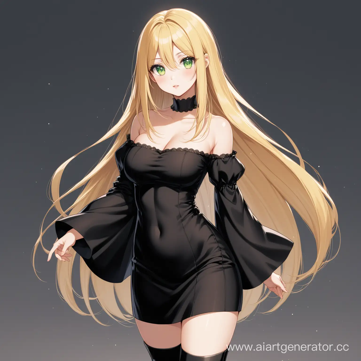 A girl, long straight blonde hair and big green eyes, she is wearing a black short dress with long voluminous sleeves and a square neckline, long black boots on her feet