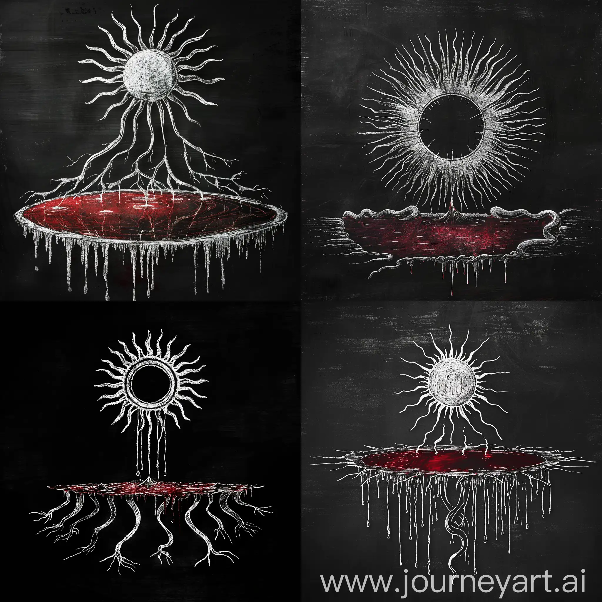 /imagine prompt: A logo with a chalk-drawn sun setting into a blood pool, its rays transforming into chalky, serpentine tails. The setting is against a black backdrop, suggesting a dark altar made with chalk. Created Using: hand-drawn chalk effects, rough and textured lines, dark gothic art, white on black contrast, sinister ambiance in chalk, blood pool illusion, hd quality --ar 1:1 --v 6.0
