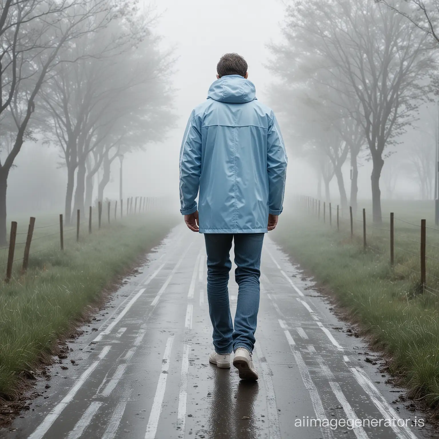 Realistic picture with man standing in foggy weather. Man is wearing light blue rainjacket with vertical thin white stripes. Jacket is full of stripes. Man is walking away.