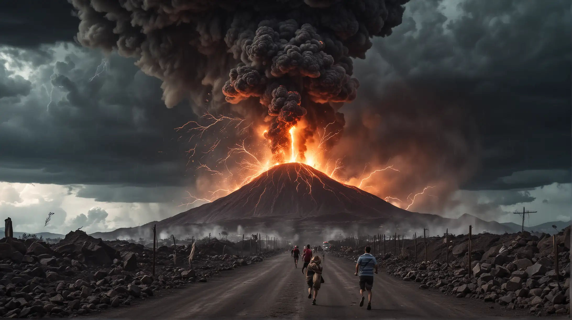 Massive vulcano exploding , people running away .  Dark stormy weather , lightning, smoke