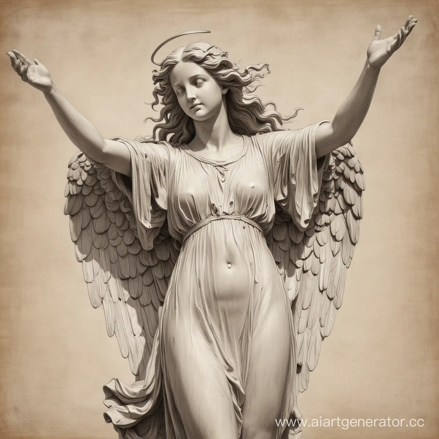 статуя ангела, длинные волосы, две руки подняты вверх, рисунок