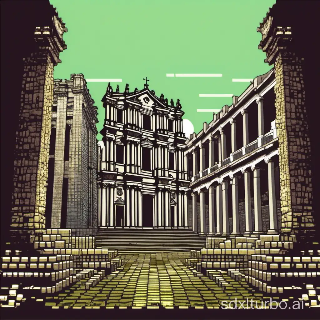 Pixel-Art-Depiction-of-Ruins-of-St-Pauls-in-Macao