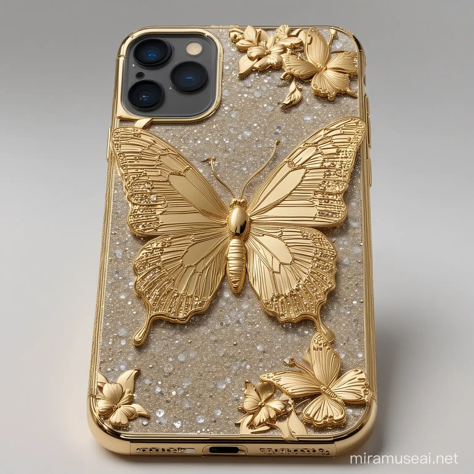 iPhone 15 Pro Max made of 24k gold with butterfly in diamond design