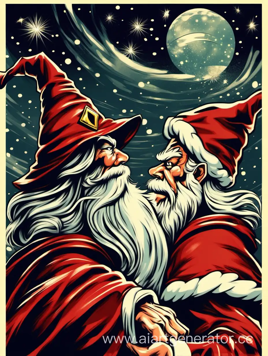 wizard against santa, face to face, macro,  fight poster art illustration