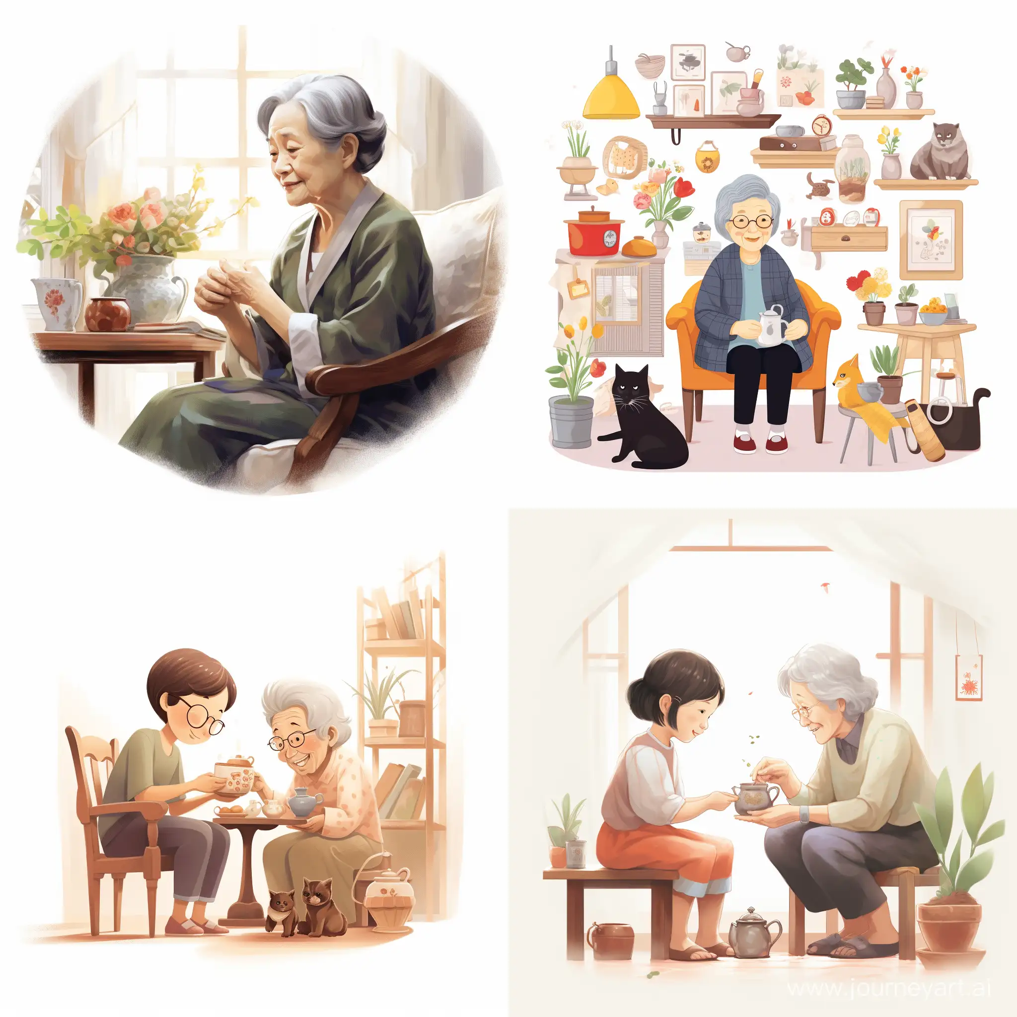 Main Design (主要設計) with a white background Illustrate 65 years old 奶奶 (Grandmother)
溫暖而慈祥的奶奶，總是教導小明做事的道理。



