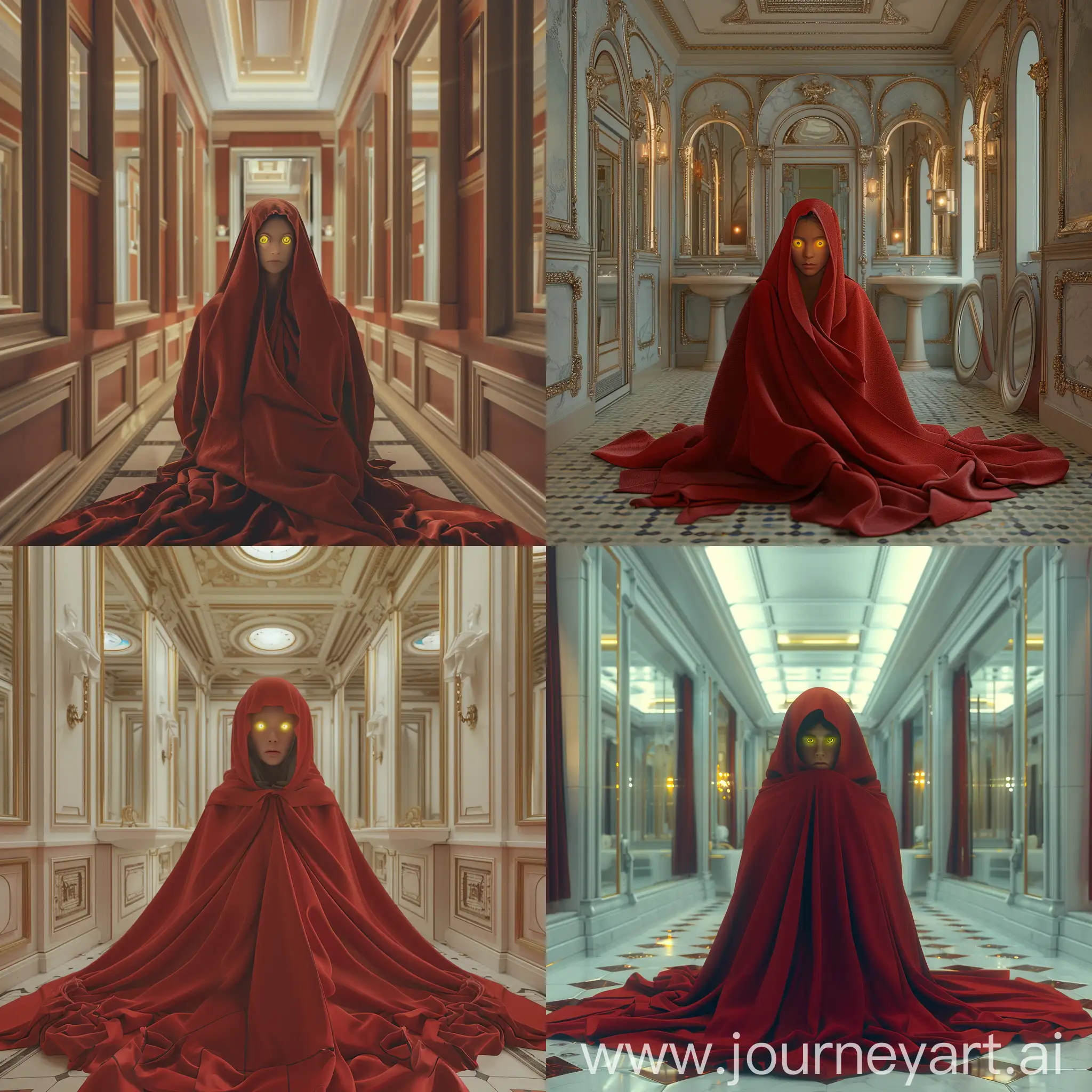 Mysterious-Woman-in-Red-Cloak-Contemplating-in-Bathroom-with-Mirrors