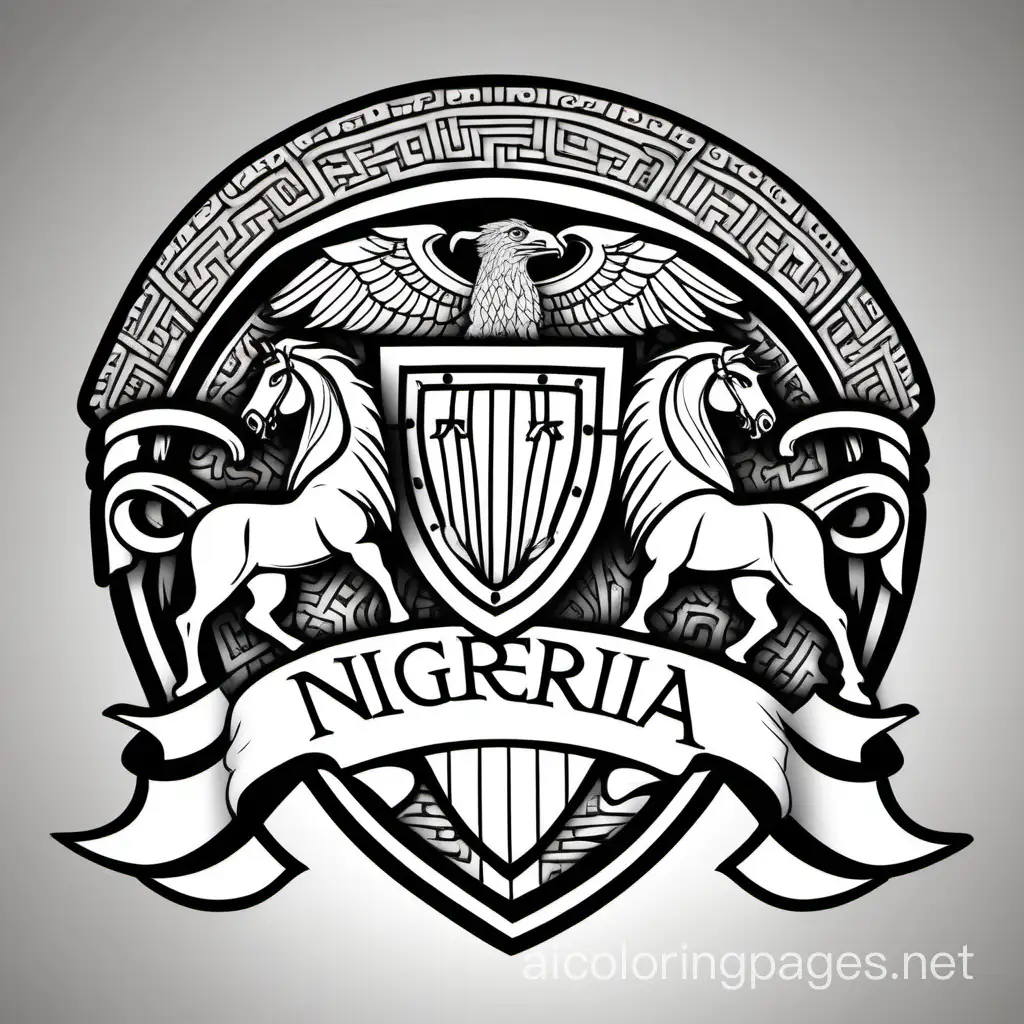 Nigerian-Coat-of-Arms-Coloring-Page-Black-Shield-White-Pall-Horses-and-Eagle