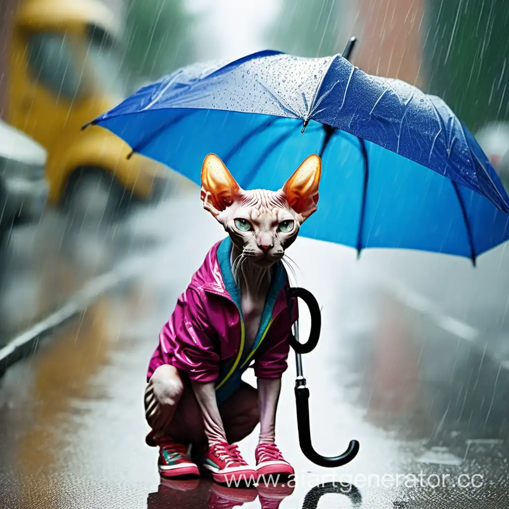 Кот сфинкс в кросовках на улице в дождь. Кот мило мурлычит, так как на его голове зонт.