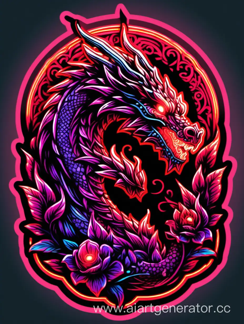 head of dragon, red neon, neon high light, light shadows, dark intricated flowers, ornamental fire, sticker art