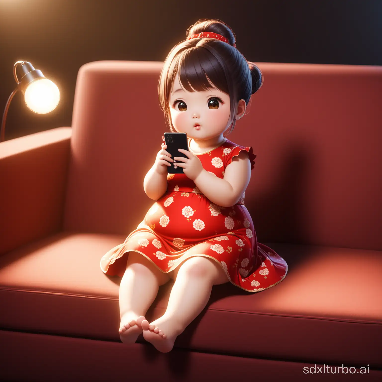 A cute chubby Q-version little girl from China, with her hair tied up, wearing a large red flower-patterned dress, sitting on the sofa, holding a mobile phone, full-body photo, rich in details, barefoot, OC rendering, movie-grade lighting effects, C4D modeling.