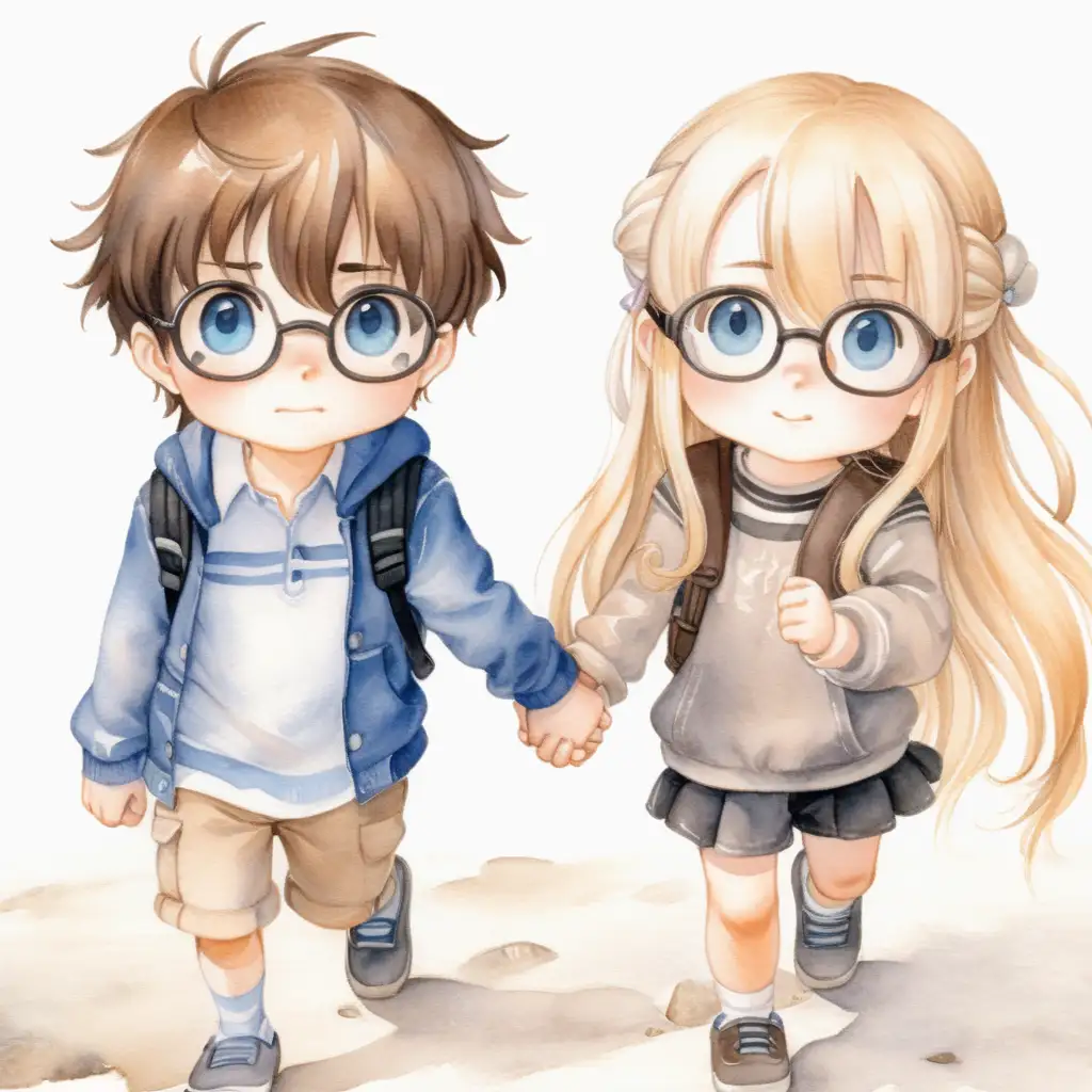 Chibi couple, long blonde hair, blue eye with black glasses girl holding hands with brown hair, brown eyes boy  watercolor, Boundless Daybreak, bright, white background, few details, dreamy, Studio Ghibli