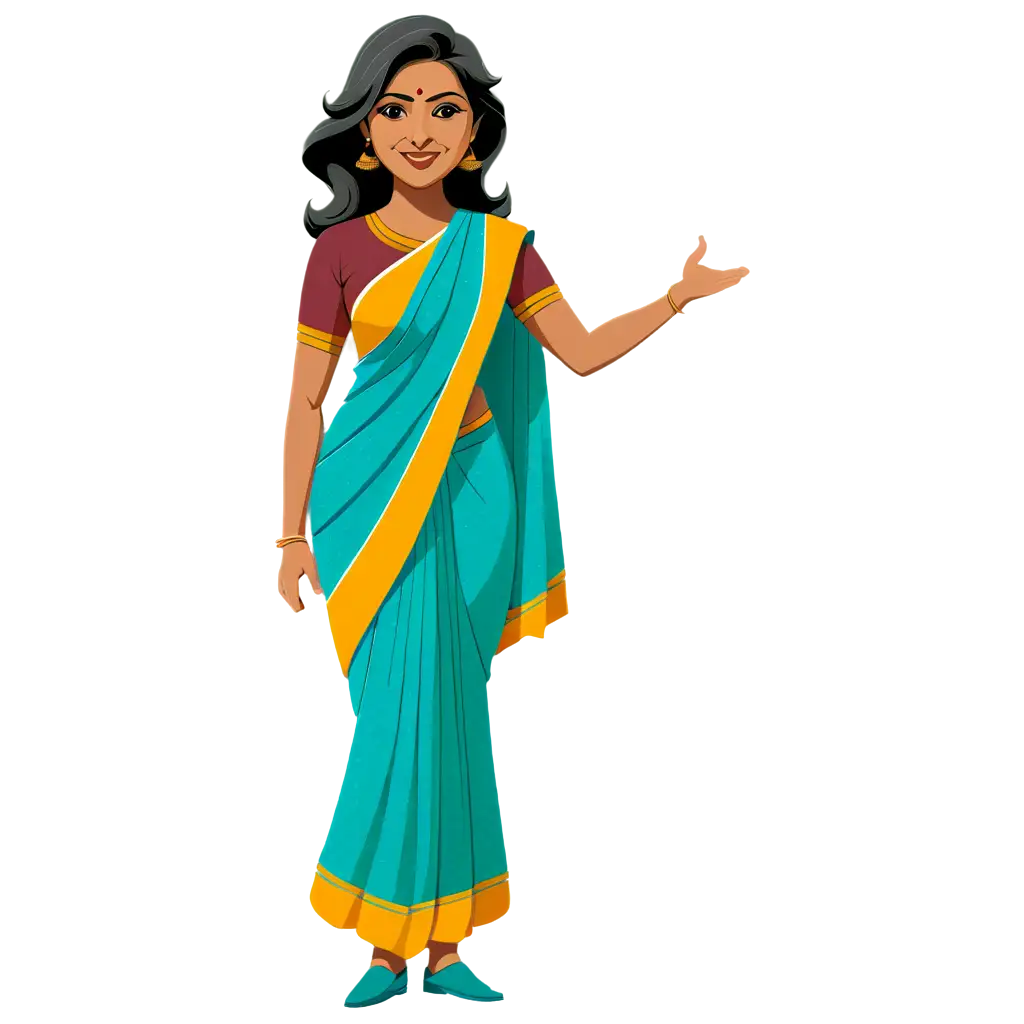 Indian-MiddleAged-Female-School-Teacher-in-Saree-PNG-Simple-2D-Vector-Art