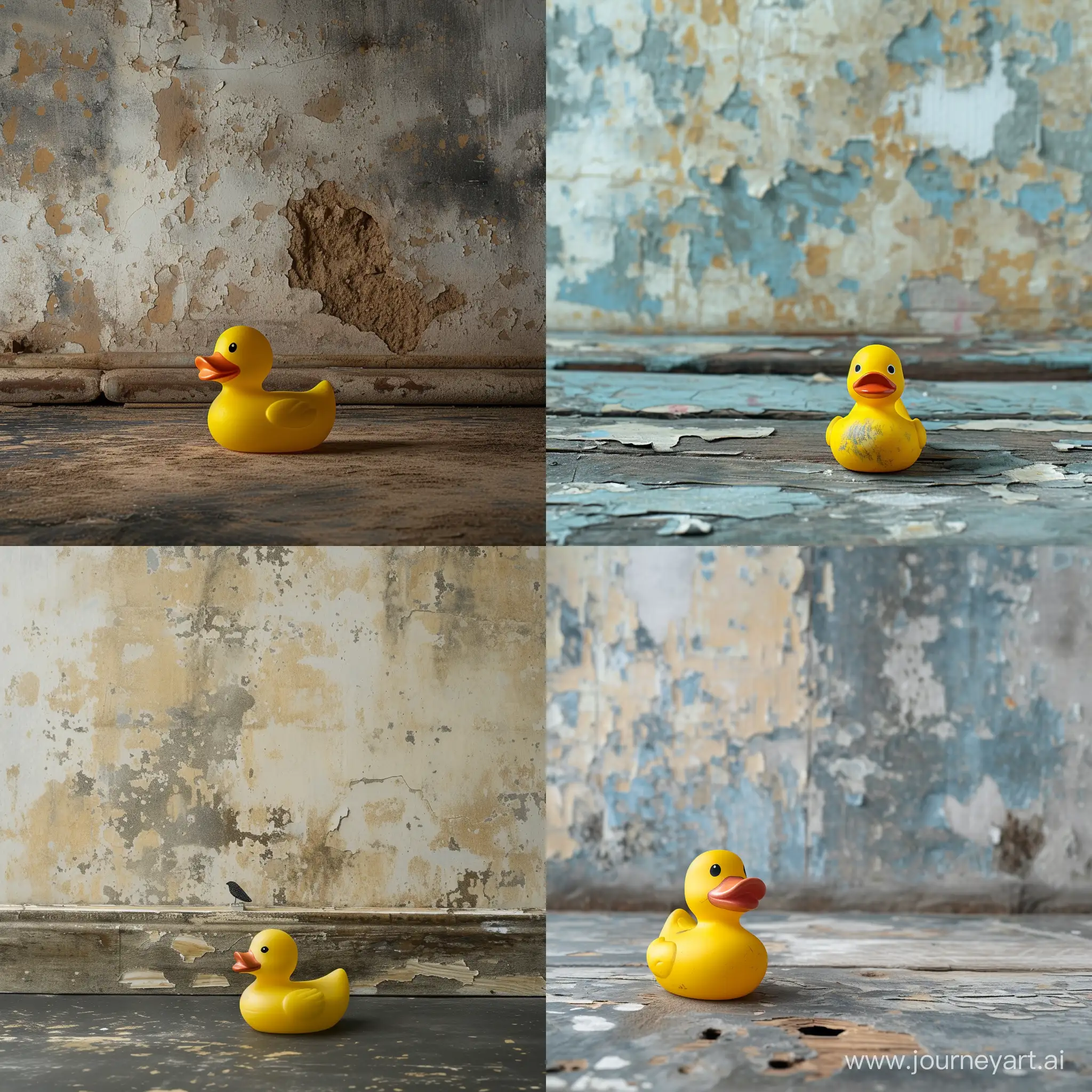 rubber duck on the background of a worn wall side view with a bird style dark fantasy