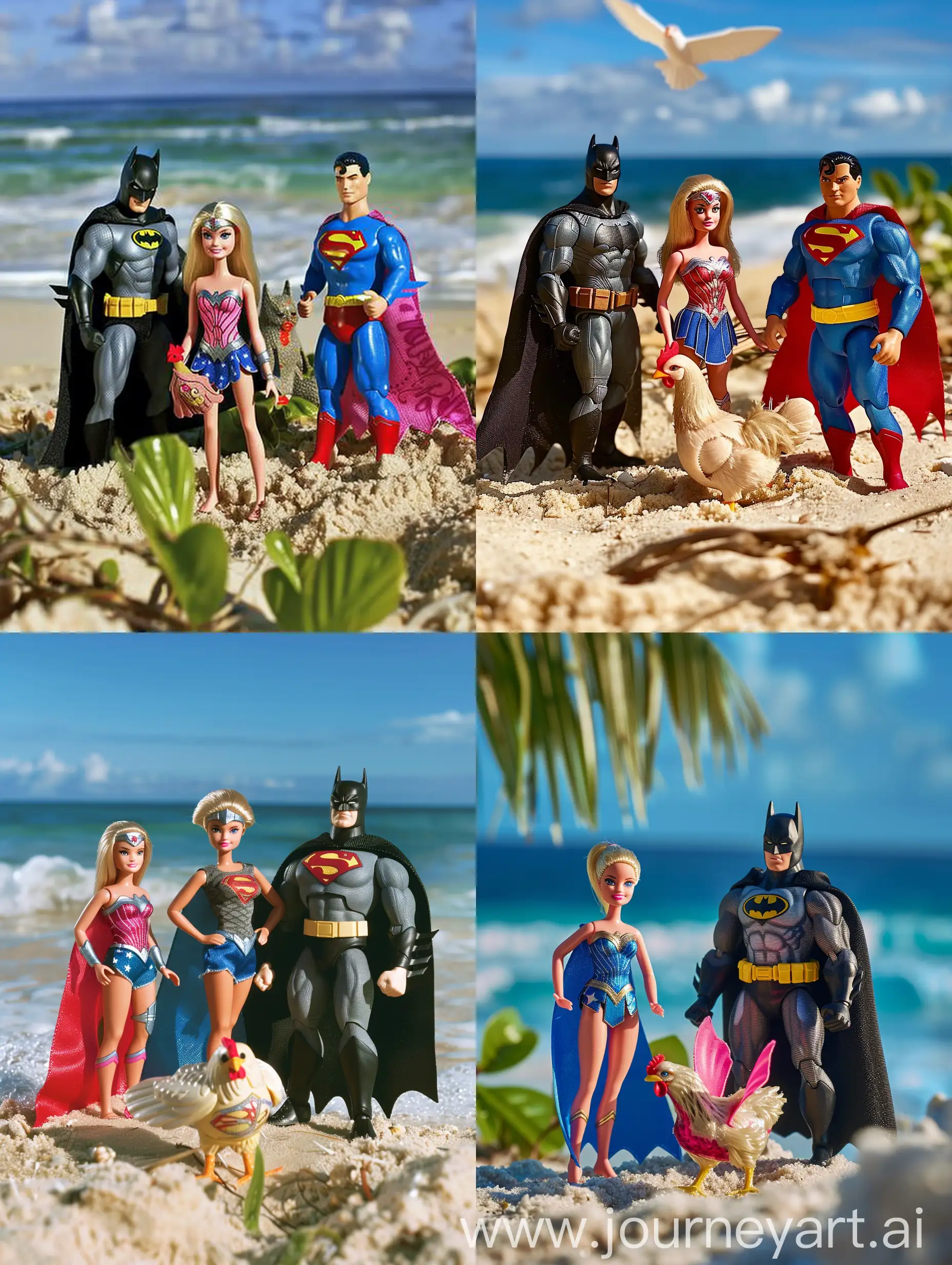 курочка барби на пляже с бетменом и суперменом
