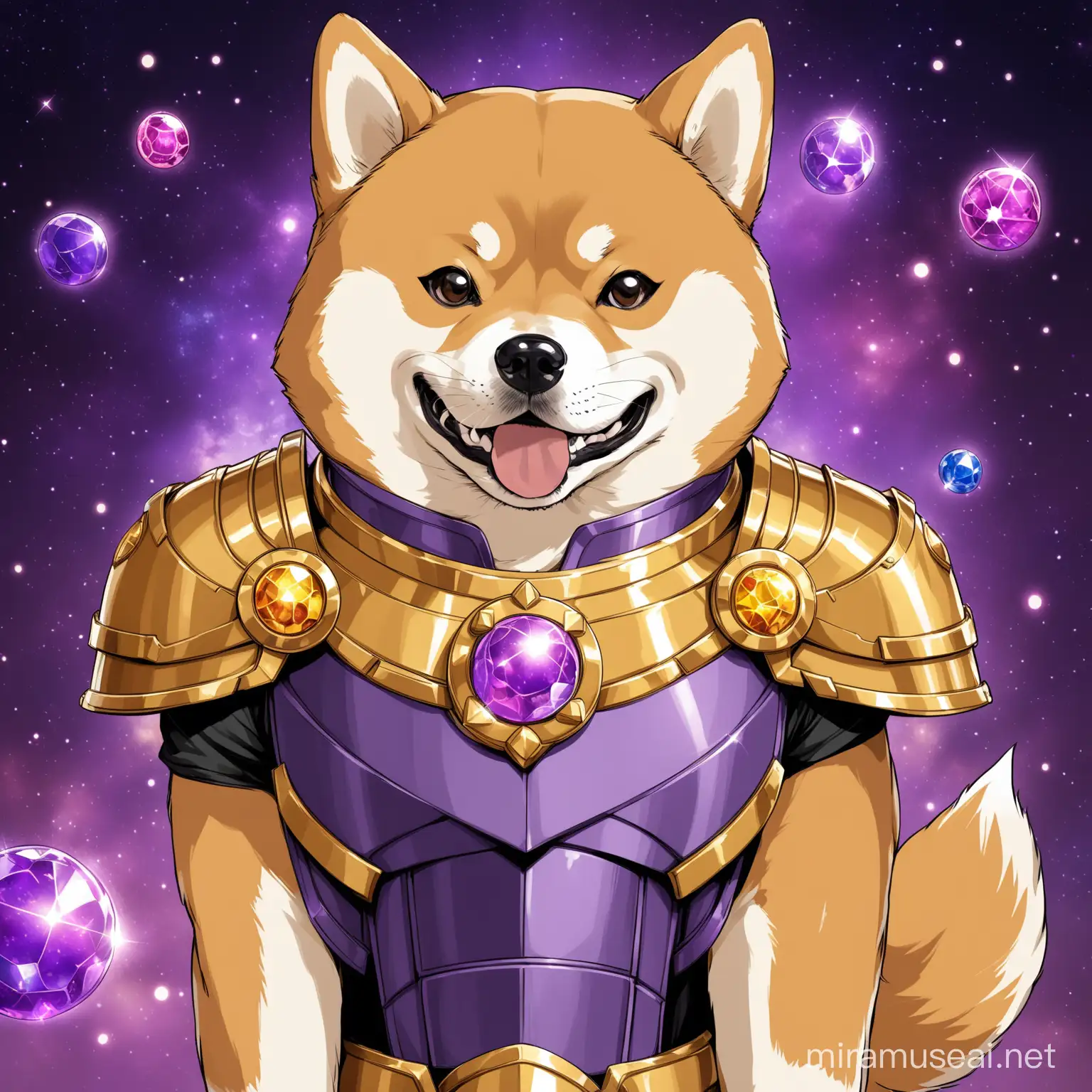 Crea un'illustrazione di un Shiba Inu con un'armatura ispirata a quella di Thanos, con dettagli come gemme dell'infinito al posto dei soliti ornamenti canini