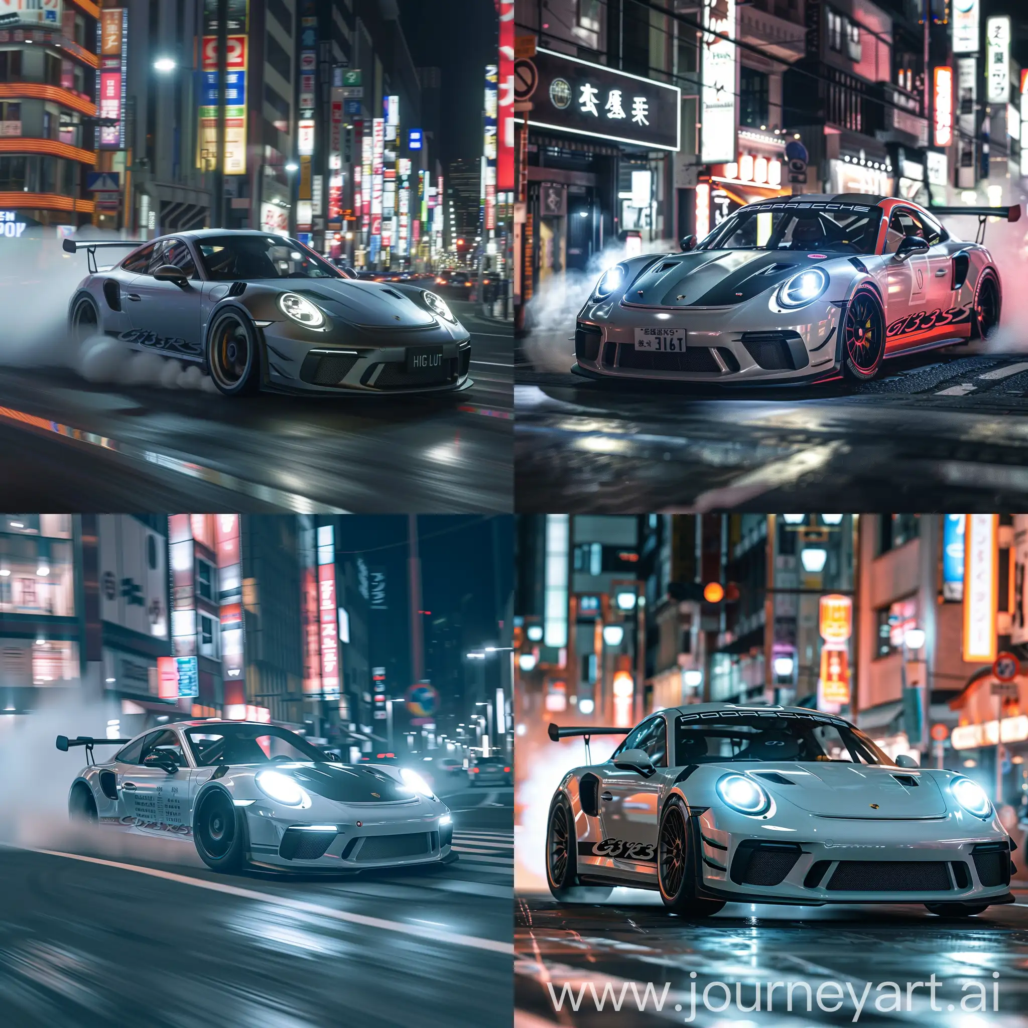 a realistic photo,Side Front view, Porsche Gt3 Rs, body kit, Drift Photoshoot, CAMERA HAZE, BLUR, Magazine LUT, HIGH RESOLUTION, real size, Smoke on tires, dynamic move, japan, night street