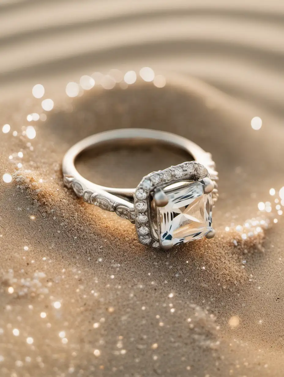 A engagement ring with sparkles around it on a the sand