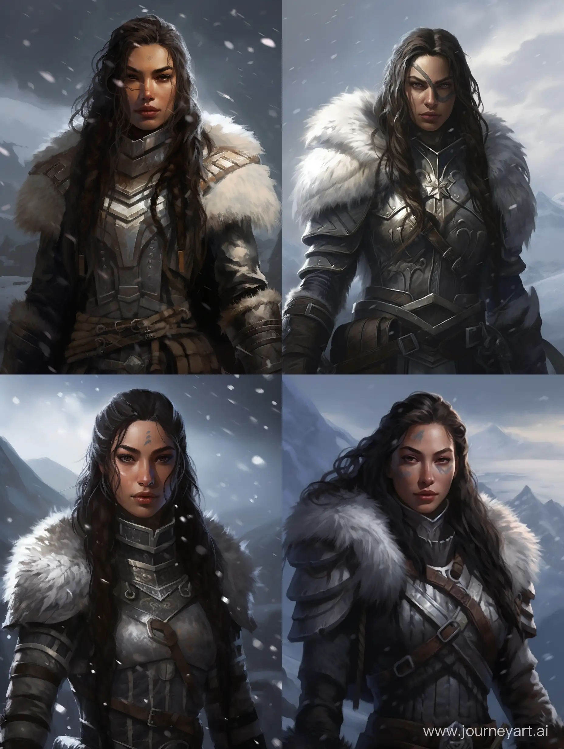 a halfelf cleric with ears female white skin priest with dark long hair and mysterious smile with light makeup with braids on both sides in lightweight armor and on a background field with snow and storm