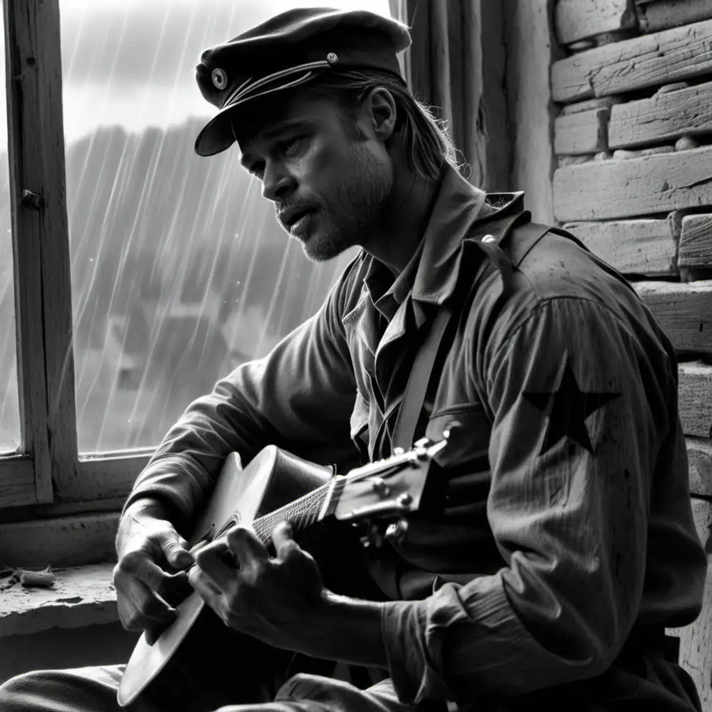 Brad Pitt pkays a Yugoslavian partisan in an second world war black and white movie. He is sitting by the window in an old house and playing a guitar. Outside you can see light rain and a torn down Croatian village. He is wearing the Yugoslavian army uniform with the cap that has a star in front