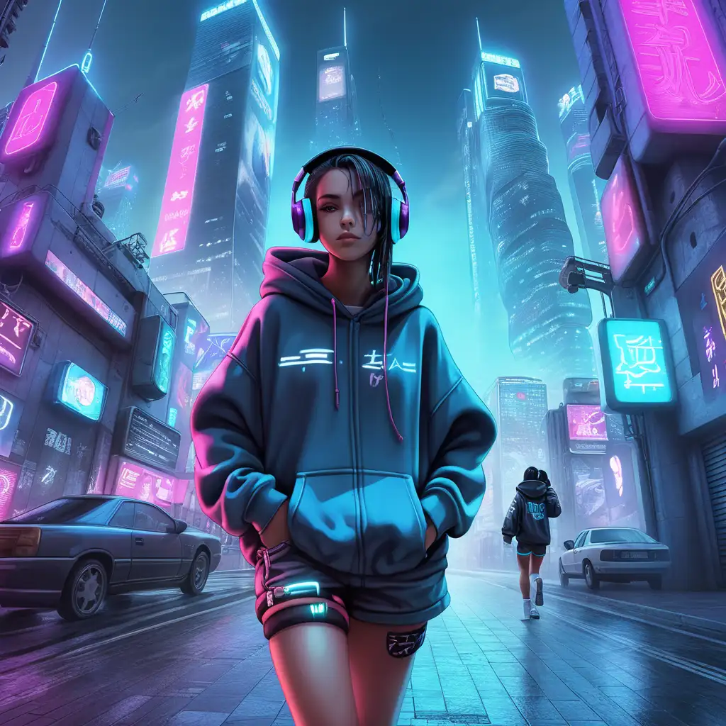 Create a picture of a girl walking in a city, while wearing an oversized hoodie and shorts, and wearing headphones, cyberpunk style