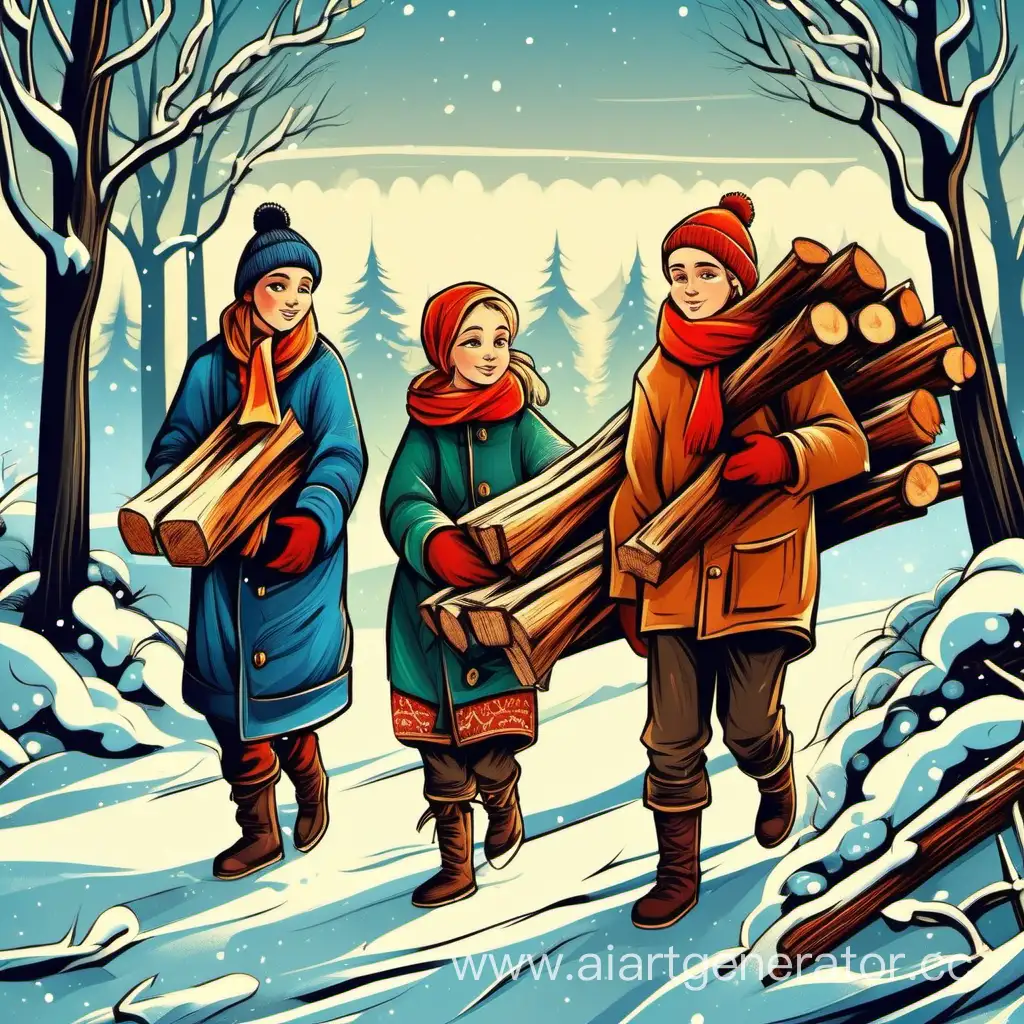 молодые ребята носят дрова зимой, зима, русский народный стиль, подростки, дрова, мультяшный стиль, русская сказка