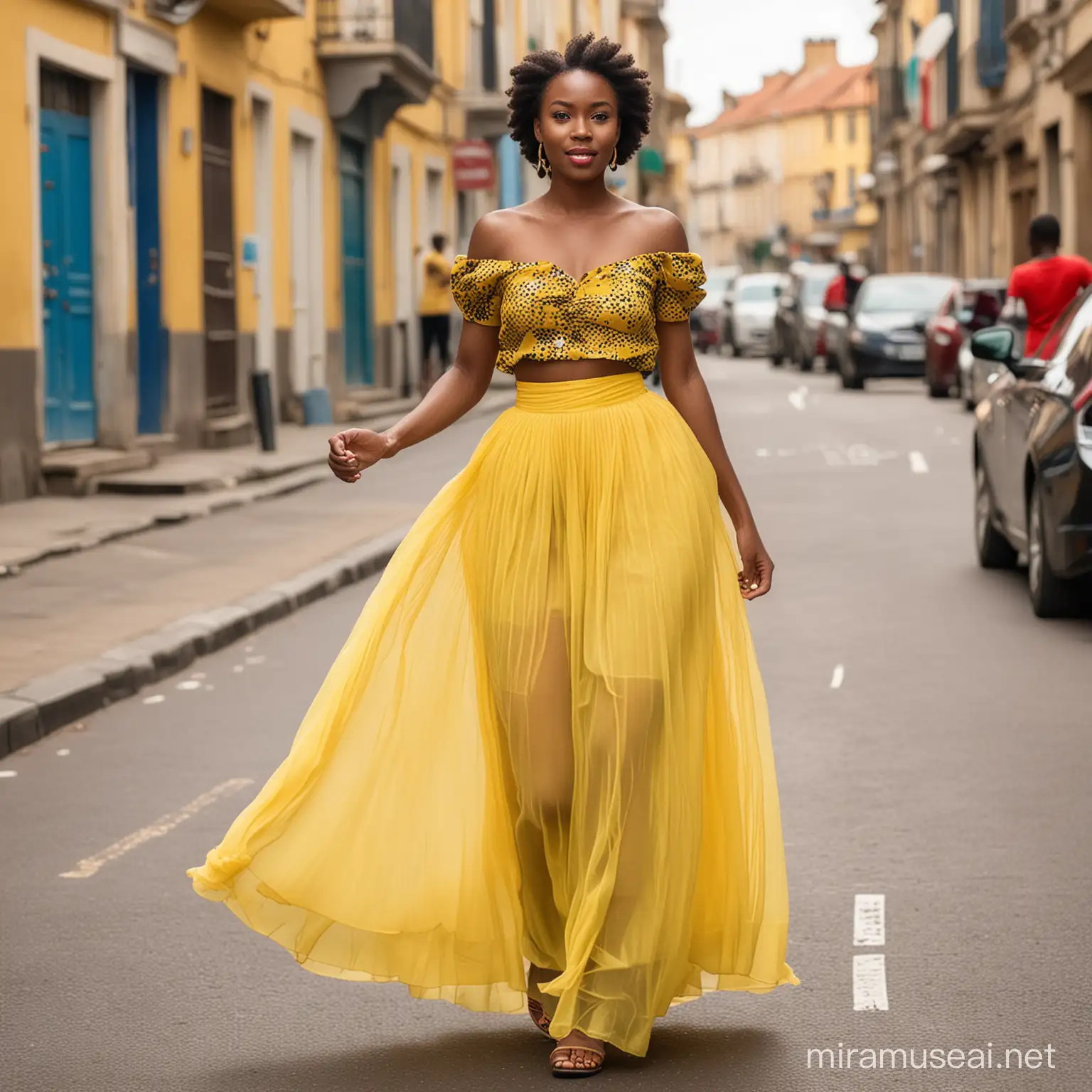 a beautiful african lady walking in the street in yellow puff chiffon skirt