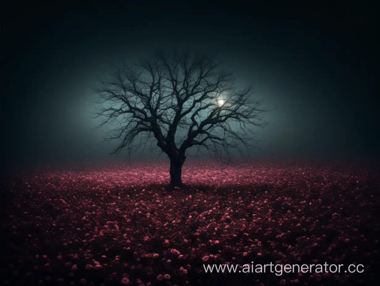 Solitary-Bare-Tree-in-Rose-Field-Under-Night-Light