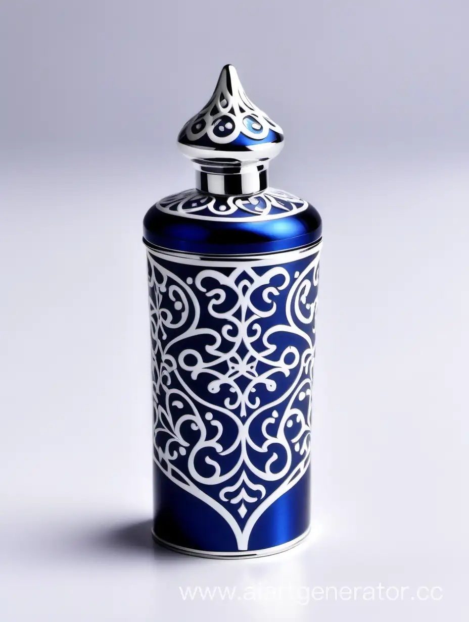 Luxurious-Zamac-Perfume-Bottle-Cap-in-Shiny-Dark-Blue-with-Matt-White-Arabesque-Ornamentation
