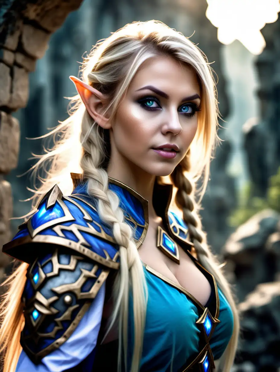 Beautiful Nordic woman, very attractive face, detailed eyes, big breasts, slim body, messy blonde hair, wearing an World of Warcraft elf Mage cosplay outfit , close up, bokeh background, soft light on face, rim lighting, facing away from camera, looking back over her shoulder, standing in front of ancient alien ruins made of stone, Illustration, very high detail, extra wide photo, full body photo, aerial photo