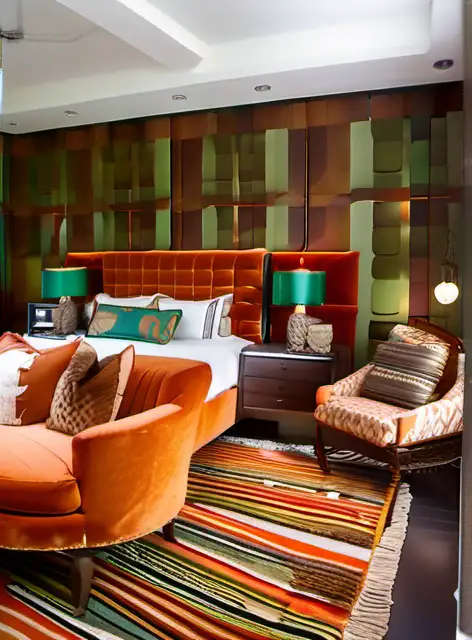 Artistic Retro Master Bedroom Interior Design in Orange and Green Tones