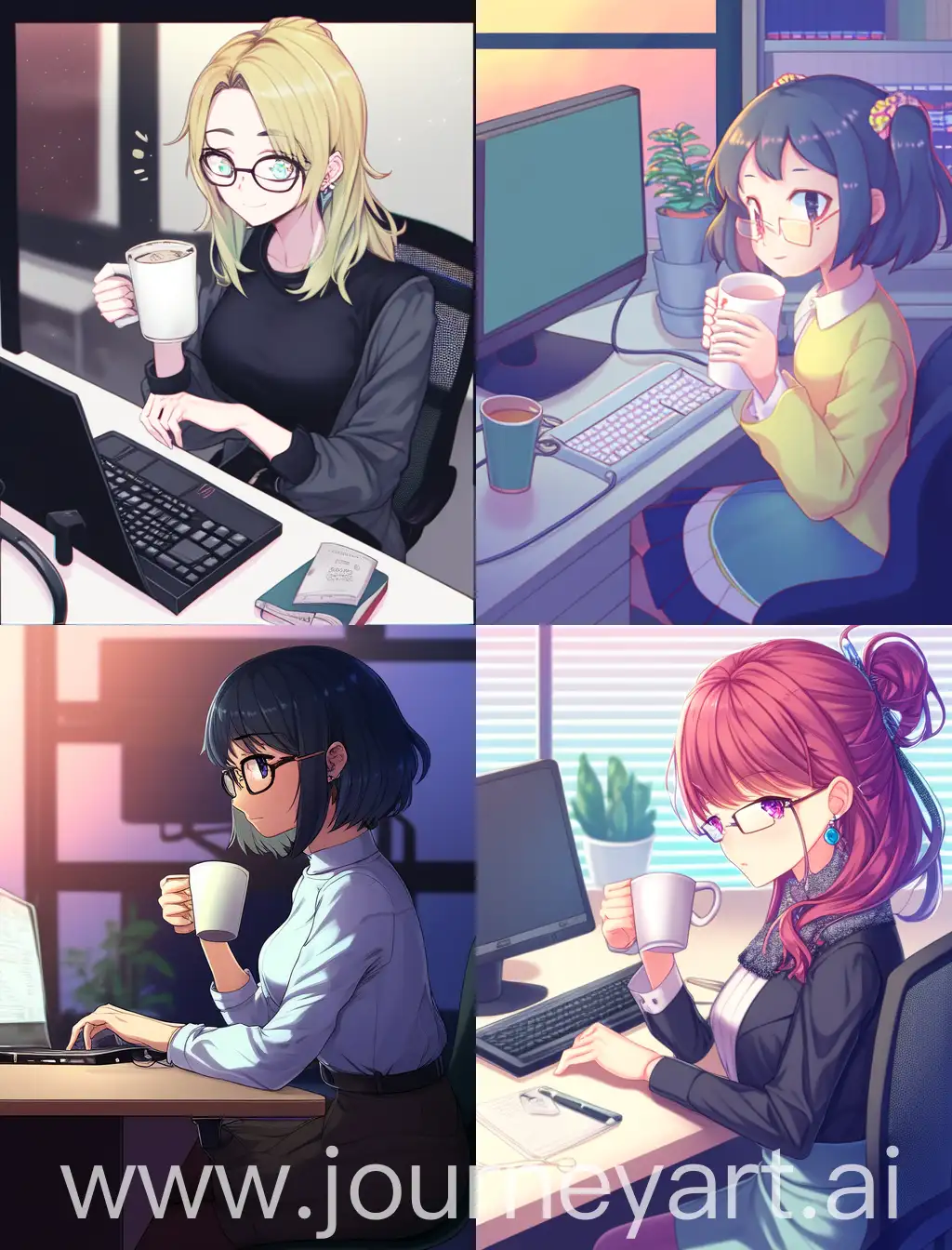 在电脑前打字的女孩，穿着时尚，背景是办公室，办公桌上有一杯咖啡，original style