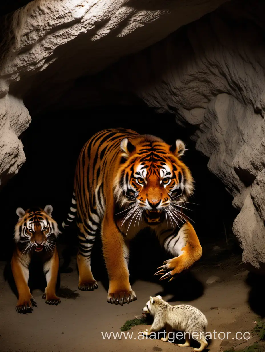 тигры напали на медведей и енотов в пещере
