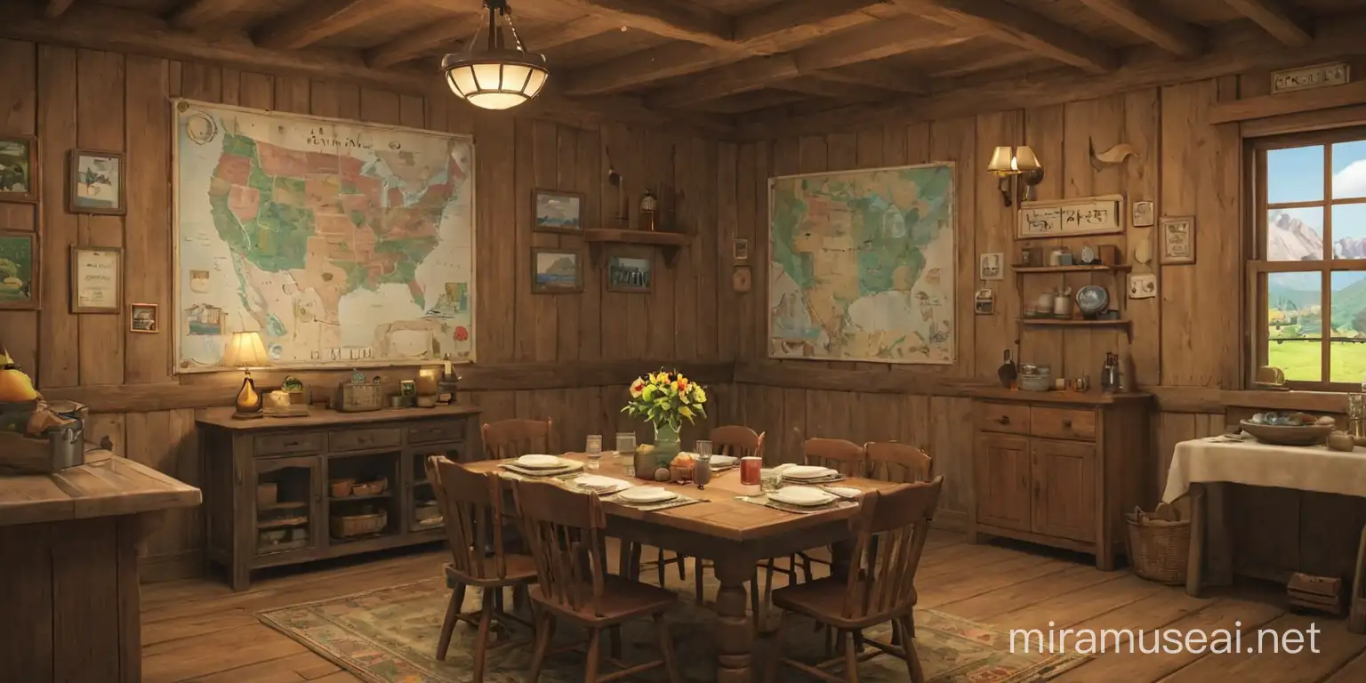 Cozy Cabin Dining Room with Harvest Moon Inspired Town Map