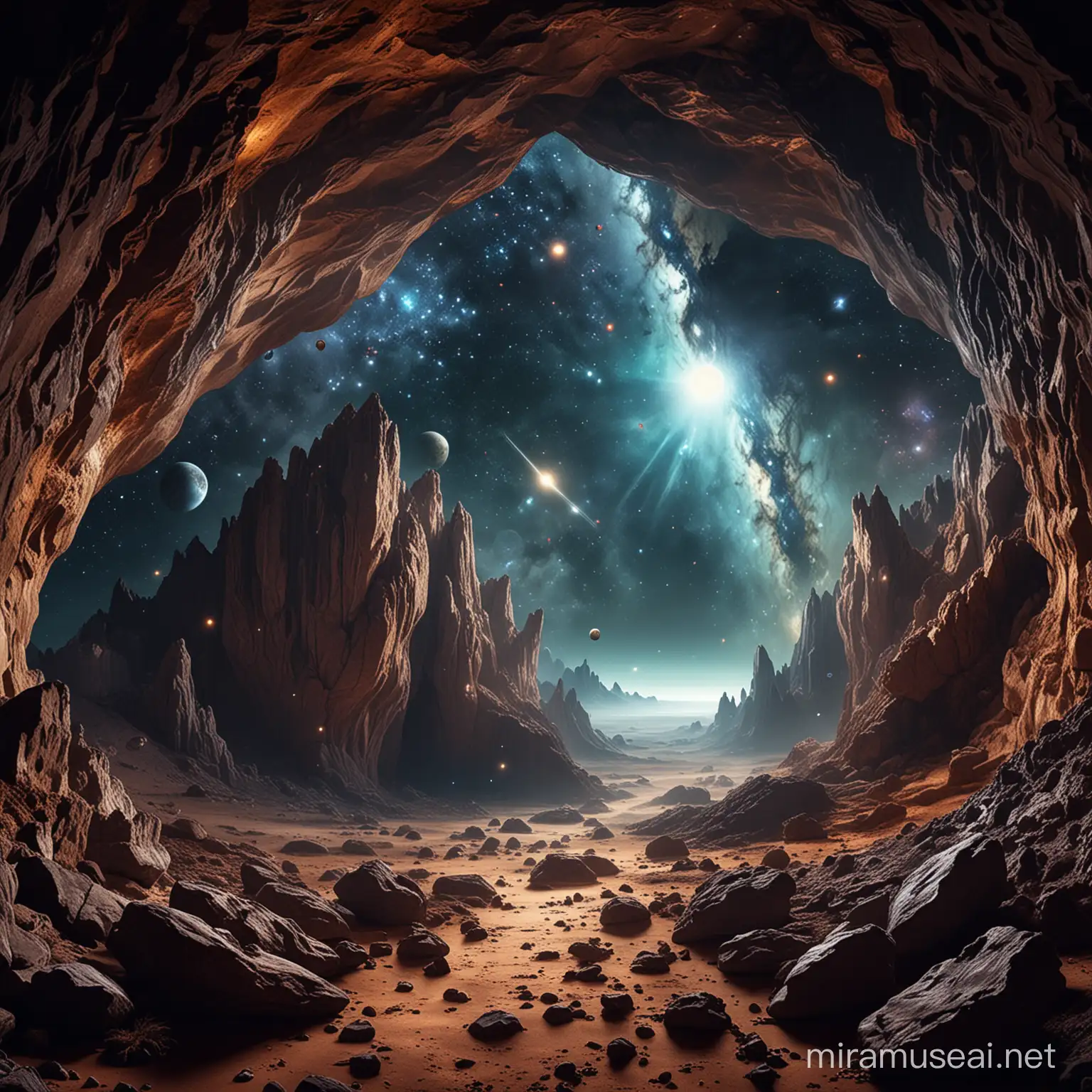 Space Cave with Planetary Vista and Astral Wildlife