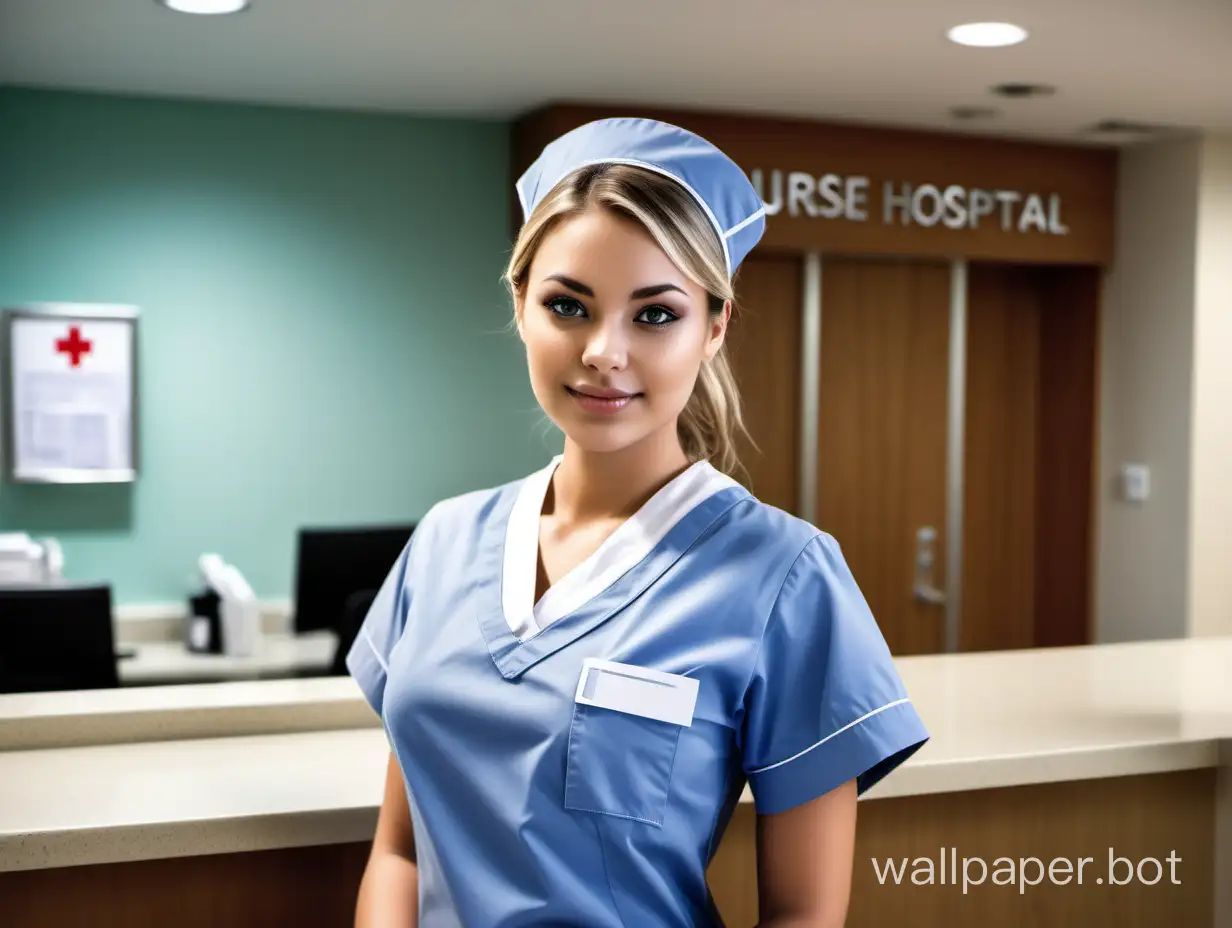An attractive young woman in a nurse uniform standing behind the reception desk at a major hospital, detailed image, sharp clarity.