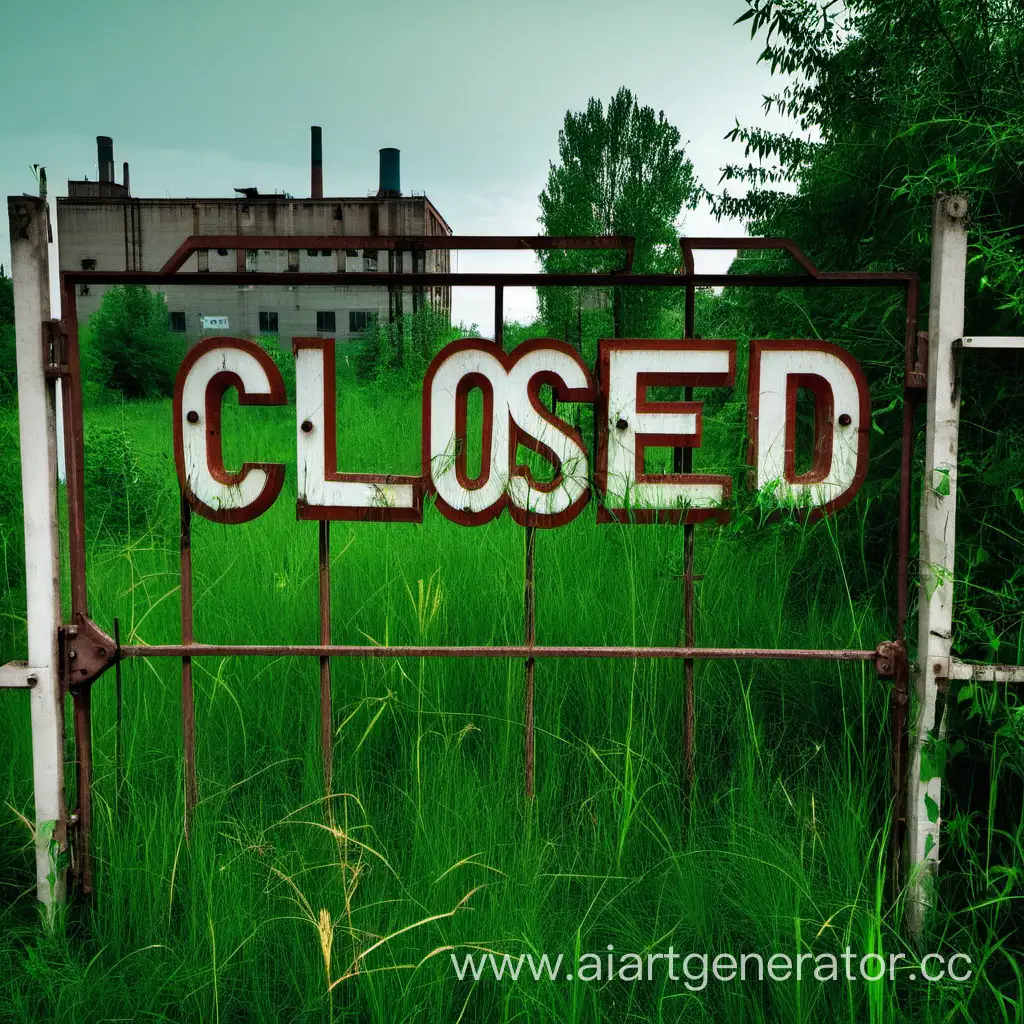 an abandoned factory in the grass and near it a sign with the inscription "closed" and a gate