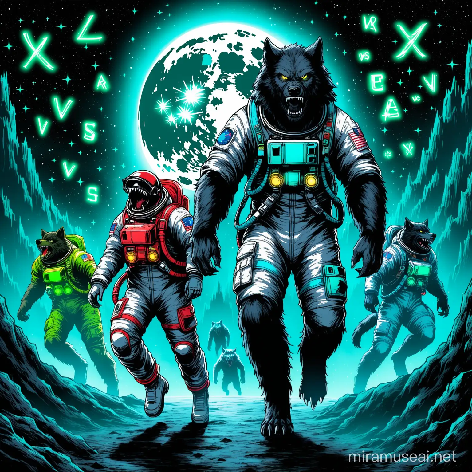 Astronaut vs Werewolf
appreance- fullbody/ astronaut with neon red/blue/white/, werewolf with neon blue/green/black / runes/scary
background-noir on moon/grey/silver moon with gold green earthin background/stars/