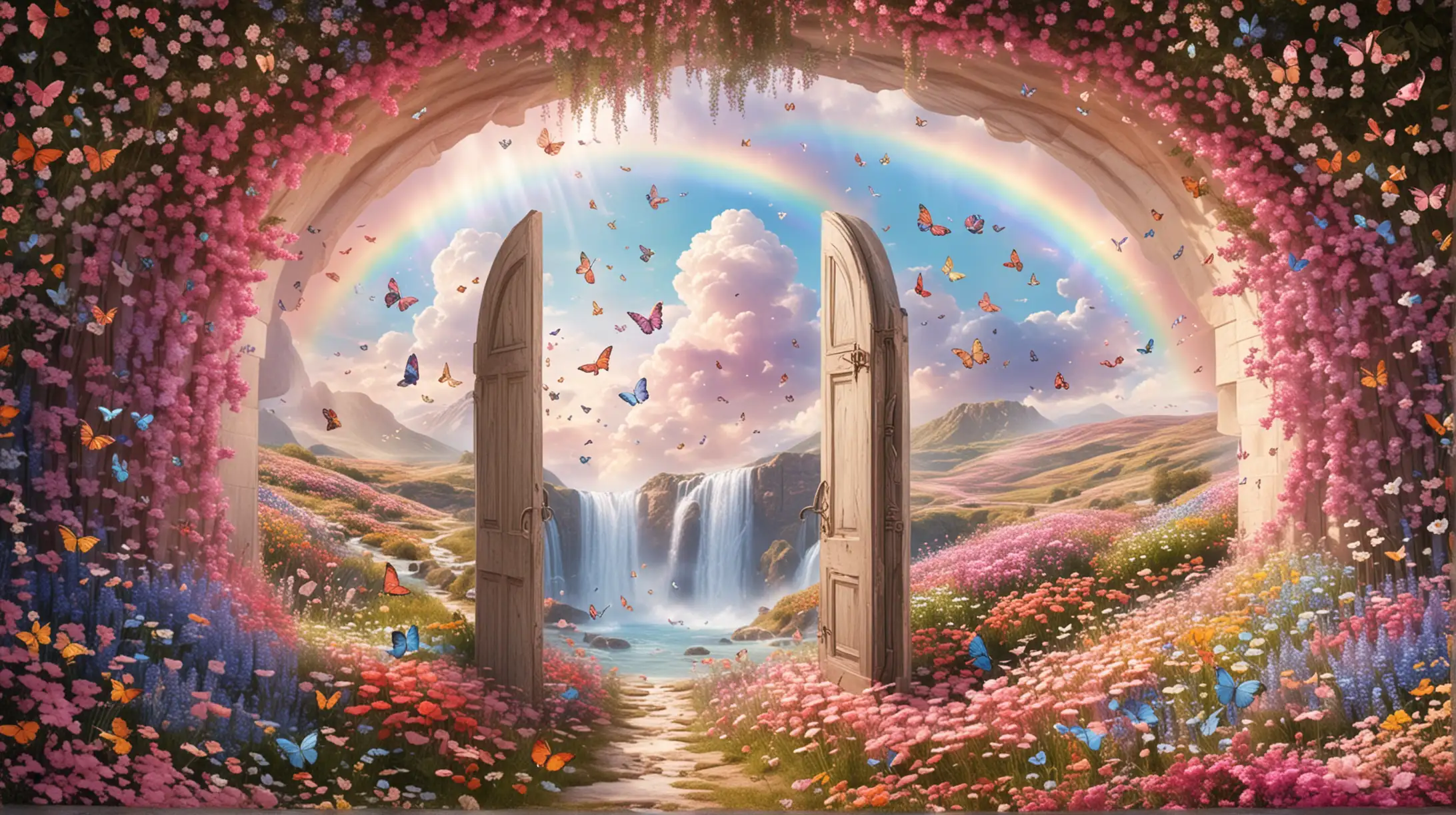 Enchanting Flower Field Waterfall Pastel Rainbow Heaven with Fairies and Butterflies