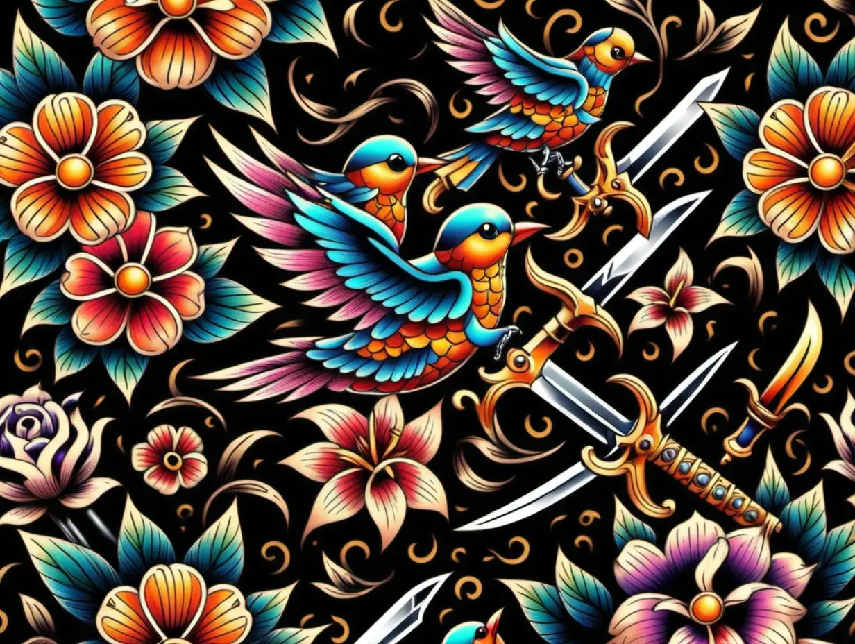 Colorful Oldschool Tattoo Design with Flowers Birds and Dagger on Black Background