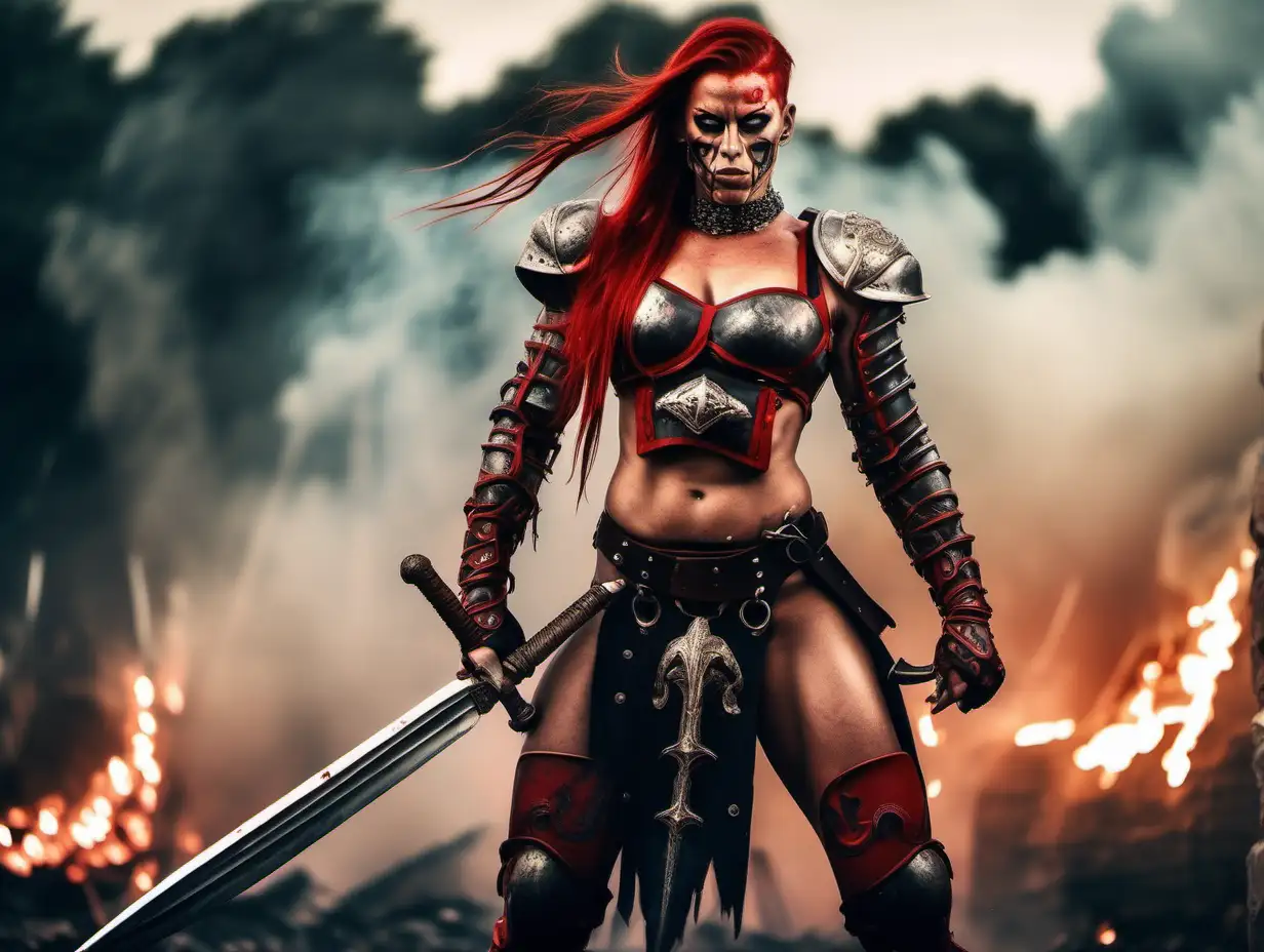 full height big tattooed extremely muscular female barbarian bodybuilder with red hair in tight braids wearing scarlet leather armor standing on a battlefield carrying a bloody sword with smoke and flames in the background