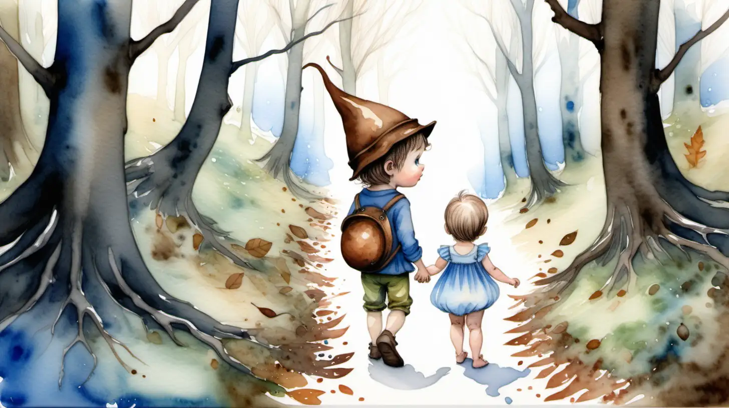 Watercolour fairy story.The back of a dark haired, blueeyed male pixie in a brown acorn shaped hat and the back of a baby girl with short flowing loose dark blonde hair, no hat, walking in a fairy wood.

