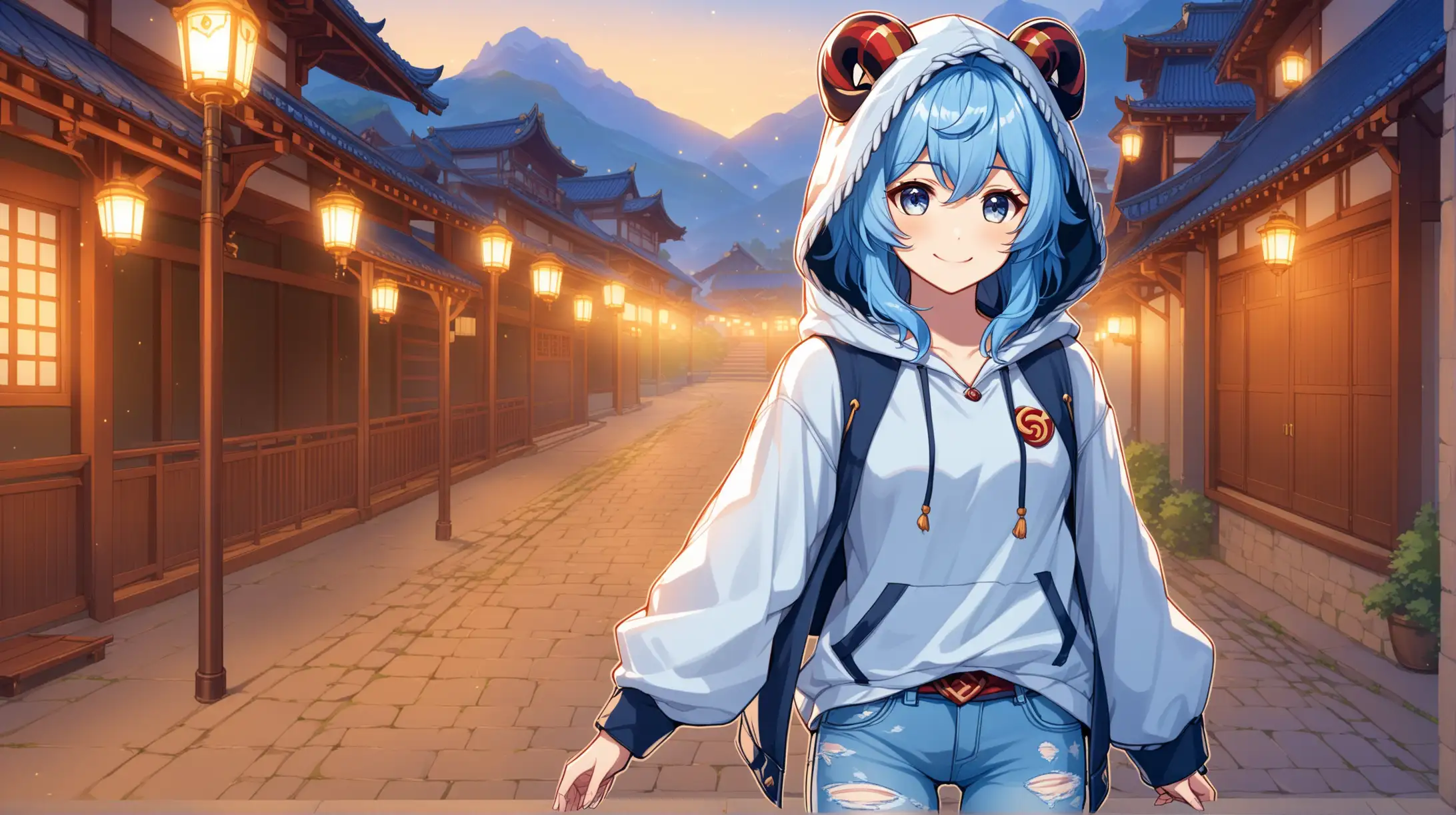 Draw the character Ganyu from the game Genshin Impact standing alone outside in the evening while she is wearing ripped jeans and a hooded jacket and smiling at the viewer